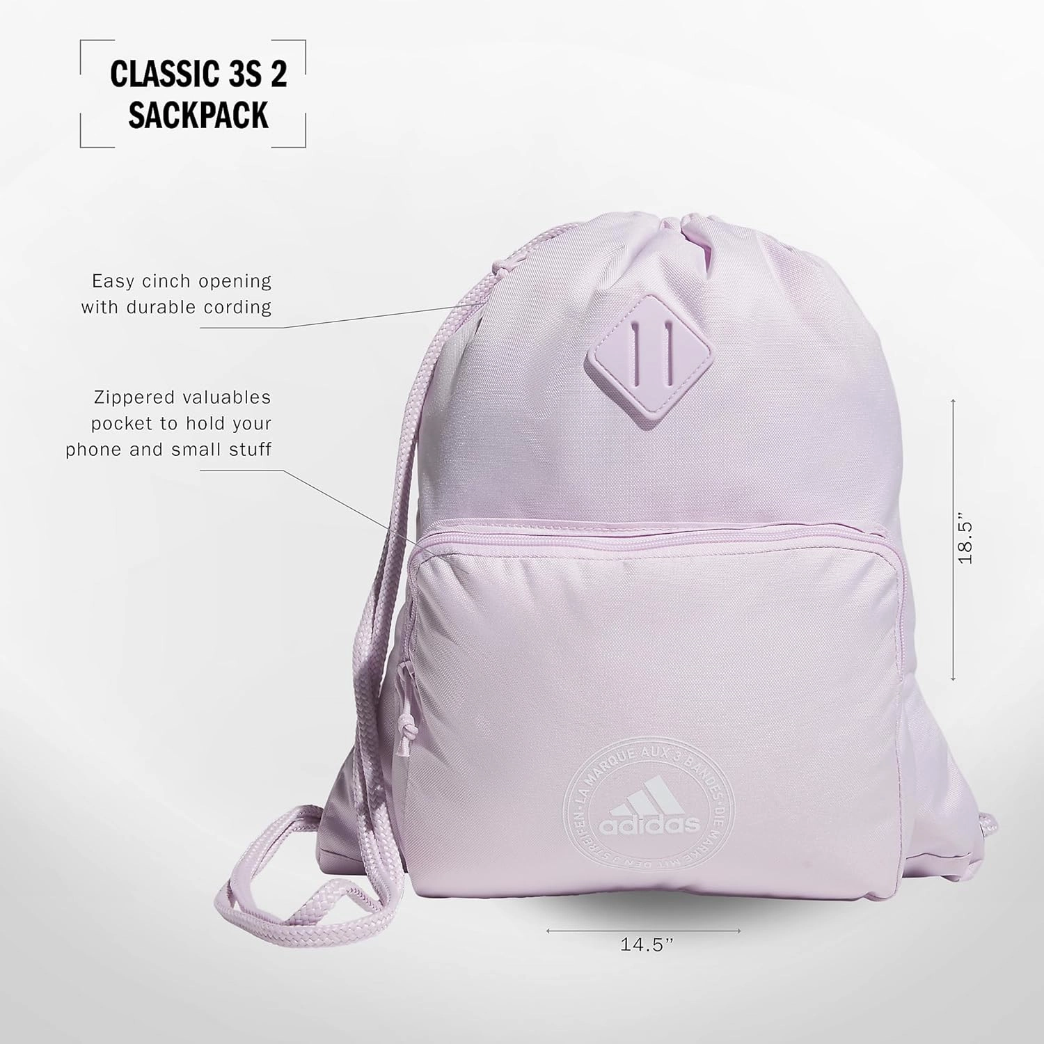 adidas Classic 3S 2.0 Sackpack, Ice Lavender, One Size