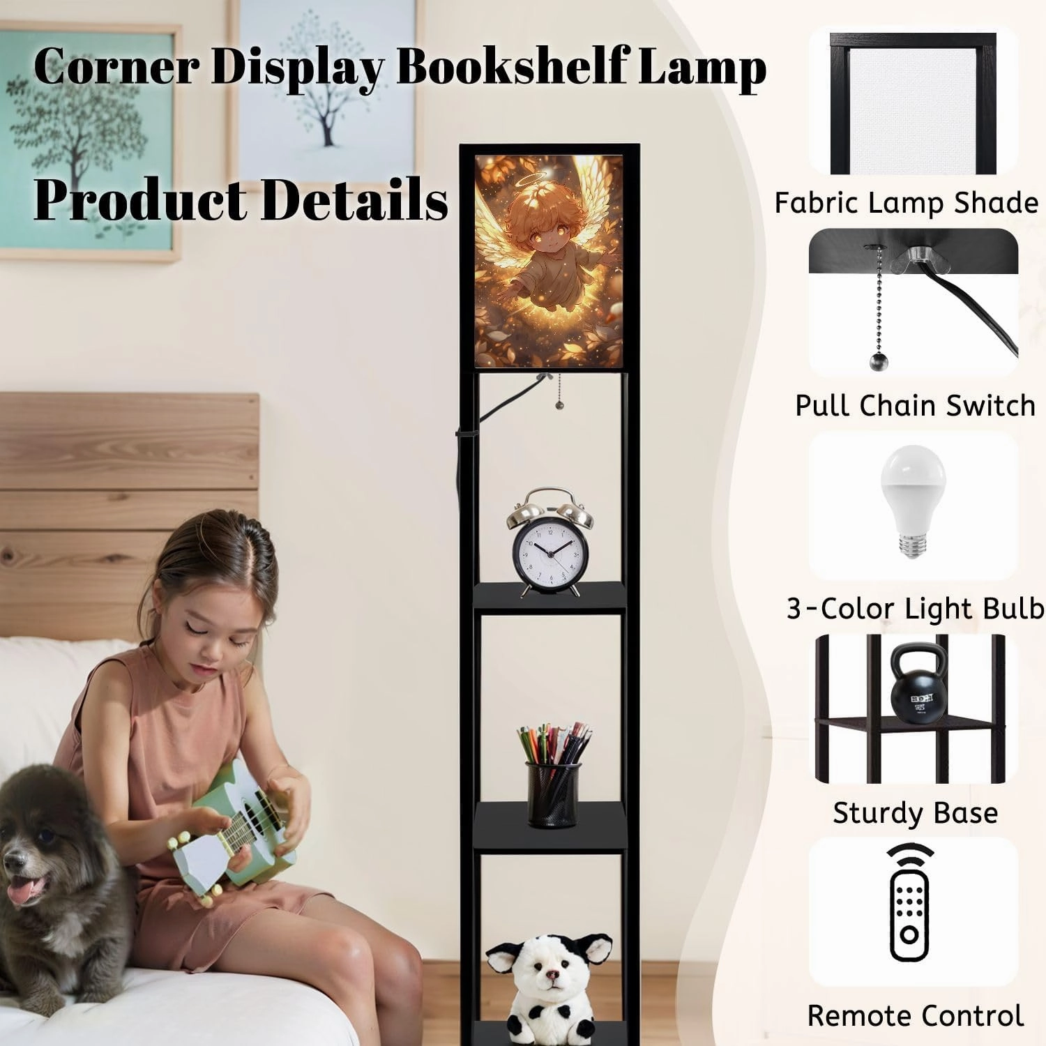 Adorable Angel Radiant Heavenly Scene Graphic Floor Lamps with Shelves, Modern Standing Lamp Narrow Corner Display Bookshelf Lamp for Living Room, Bedroom, Office Decor