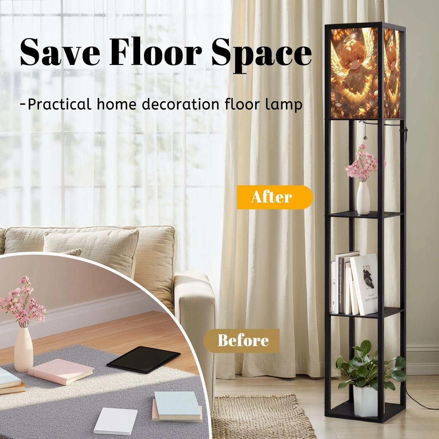Adorable Angel Radiant Heavenly Scene Graphic Floor Lamps with Shelves, Modern Standing Lamp Narrow Corner Display Bookshelf Lamp for Living Room, Bedroom, Office Decor