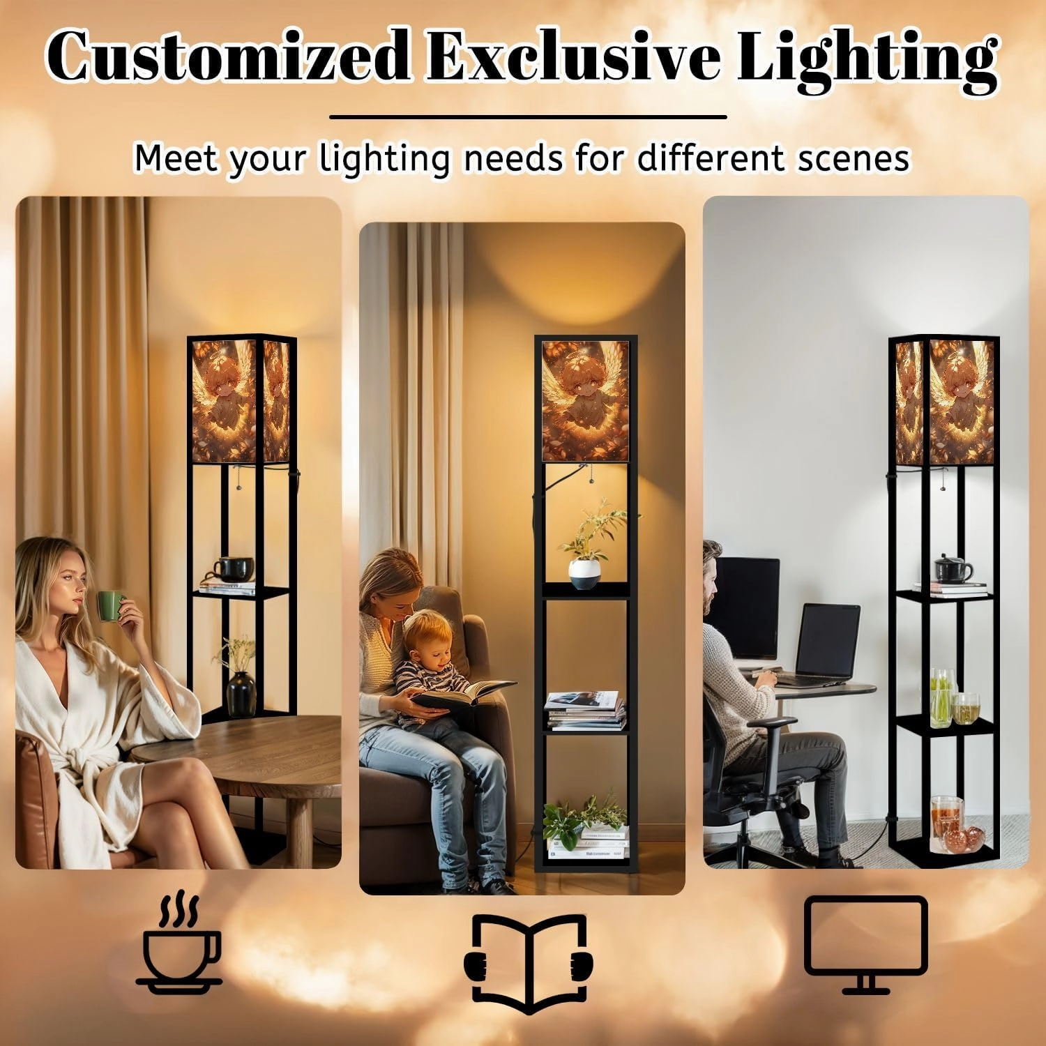 Adorable Angel Radiant Heavenly Scene Graphic Floor Lamps with Shelves, Modern Standing Lamp Narrow Corner Display Bookshelf Lamp for Living Room, Bedroom, Office Decor