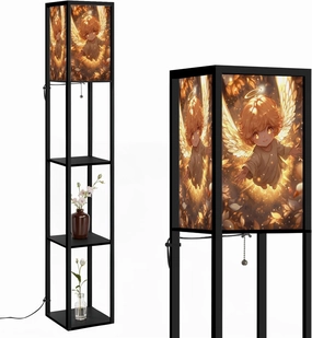 Adorable Angel Radiant Heavenly Scene Graphic Floor Lamps with Shelves, Modern Standing Lamp Narrow Corner Display Bookshelf Lamp for Living Room, Bedroom, Office Decor