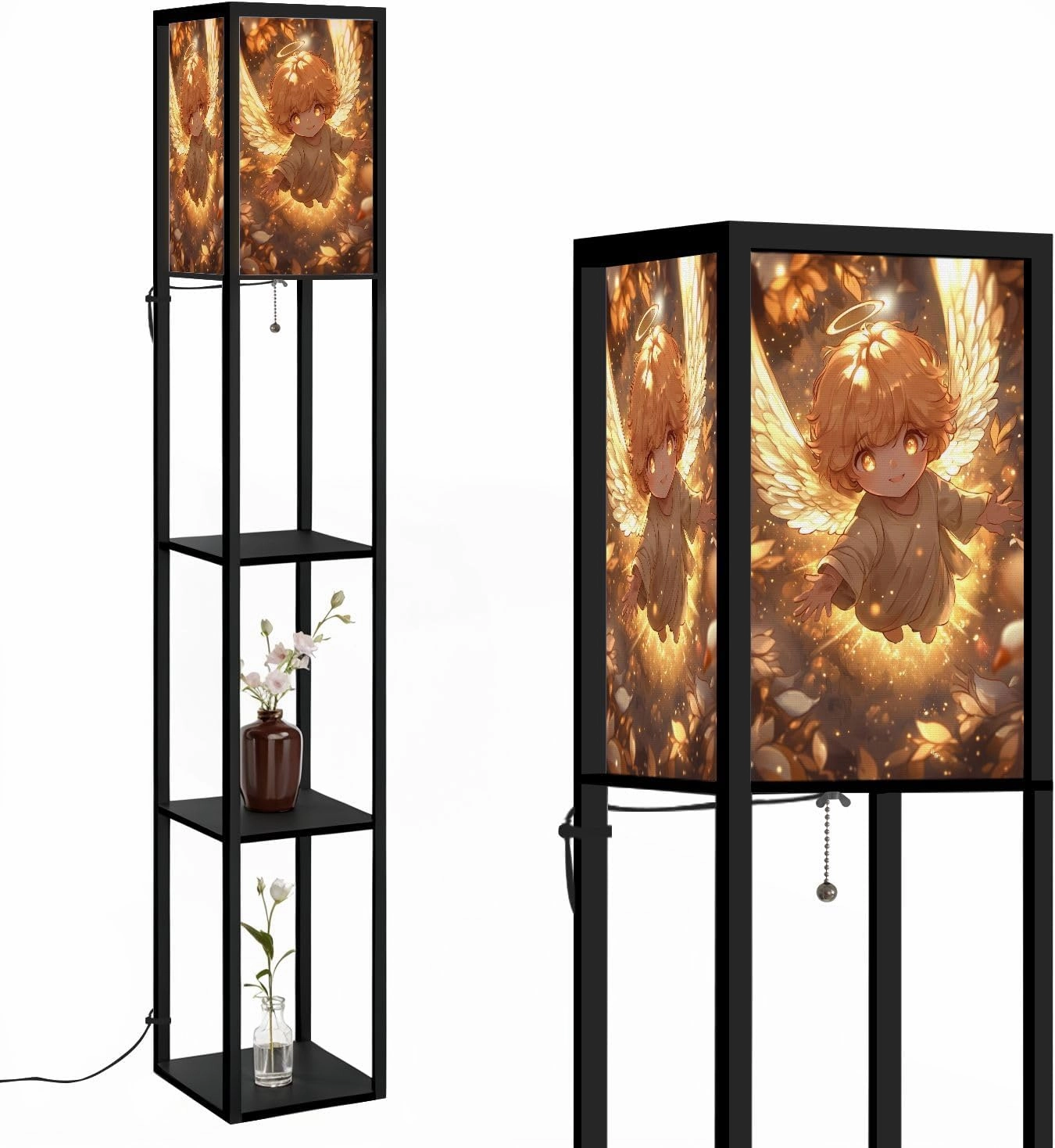 Adorable Angel Radiant Heavenly Scene Graphic Floor Lamps with Shelves, Modern Standing Lamp Narrow Corner Display Bookshelf Lamp for Living Room, Bedroom, Office Decor
