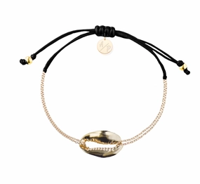 Adriana Pappas - - 14K Gold Filled - Metallic - Black Cord Chain Shell Bracelet - Adjustable