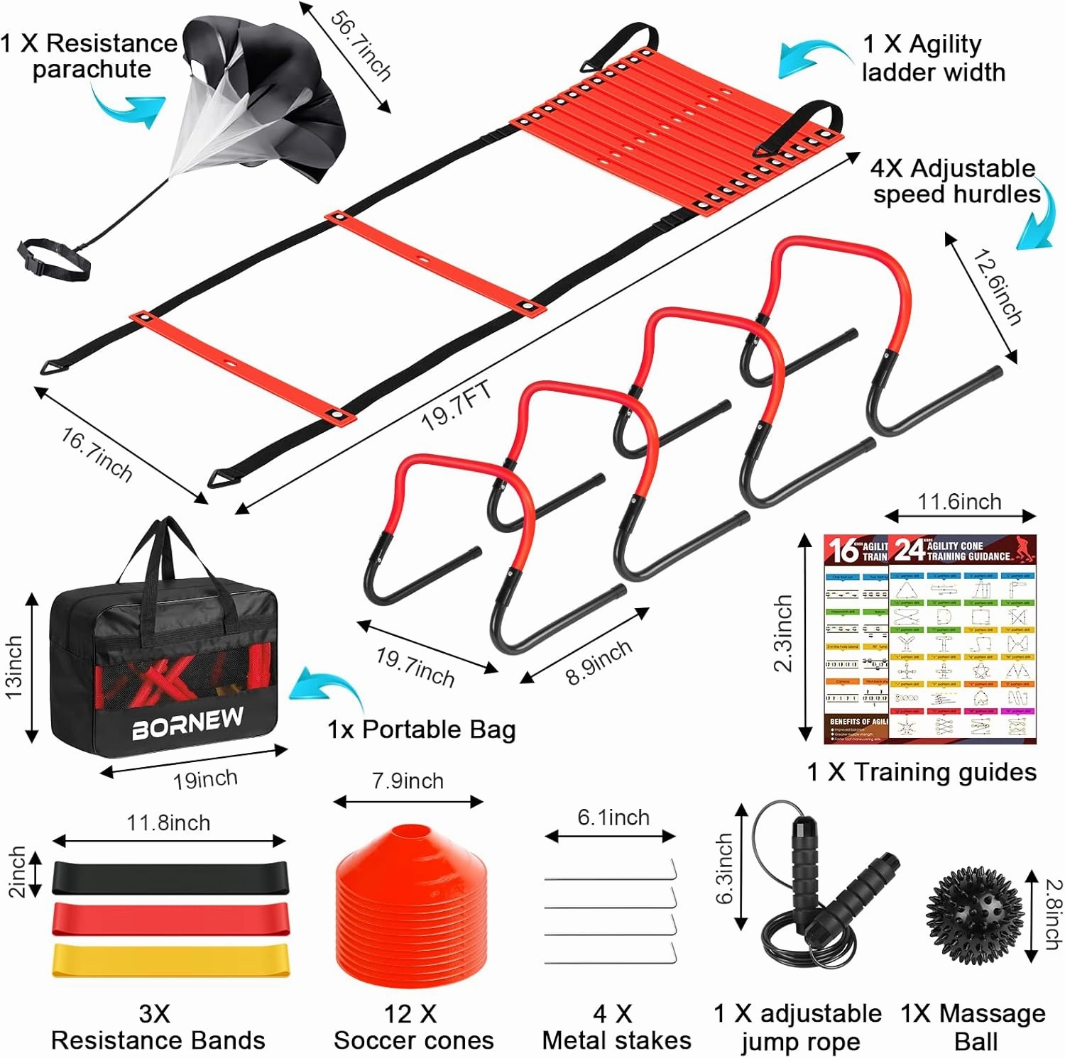 Agility Speed Training Equipment Set - 20ft Speed Ladder, 12 Cones, 4 Adjustable Hurdles, Jump Rope, Parachute | Ideal for Basketball, Football, Soccer, for Kids, Youth, Adults