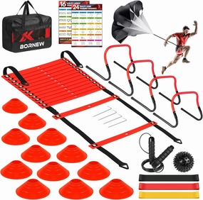 Agility Speed Training Equipment Set - 20ft Speed Ladder, 12 Cones, 4 Adjustable Hurdles, Jump Rope, Parachute | Ideal for Basketball, Football, Soccer, for Kids, Youth, Adults