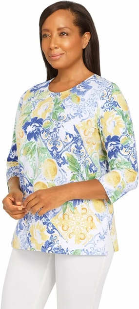 Alfred Dunner Classic Lemon Tile Print Cotton Emballishment Around The Neck (as1, Alpha, s, Regular, Petite, Petite, Multi)