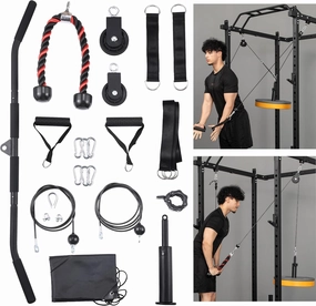 All-in-One Home Gym LAT & Lift Pulley System – Heavy-Duty Cable Crossover with Tricep Rope, Bicep Curl Bar, Adjustable Straps, and 1000 lbs Cables