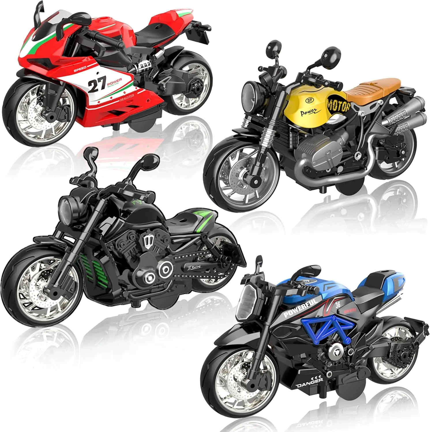Alloy Metal Diecast Motorcycle Model Toy Set, 4 Pack of 1:12 Scale Die-Cast Motorcycles with Light&Sounds, Pull Back Function Toy Moto Bike for Kids Boys Girls and Collectors Ages 3 and up