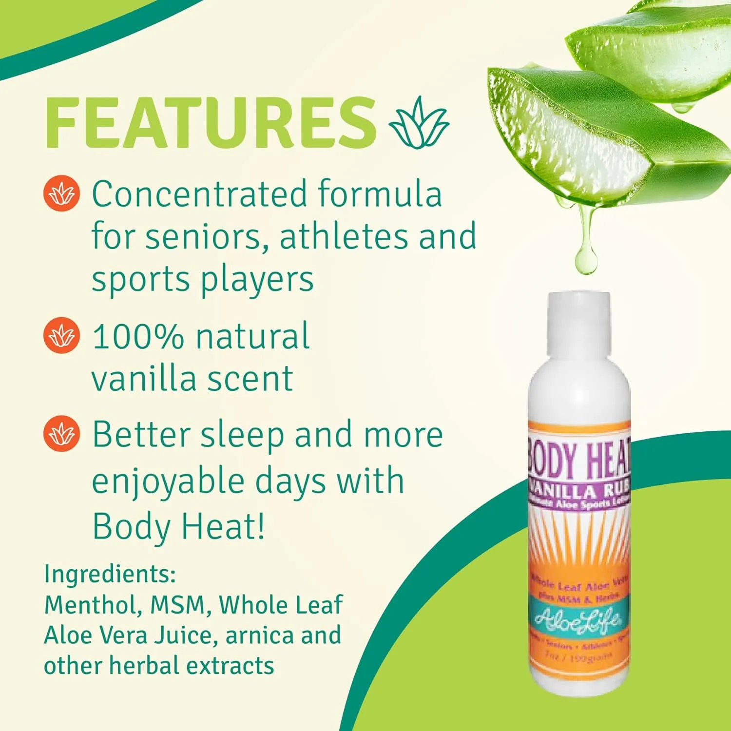 Aloe Life - Body Heat Vanilla Rub, Lubricating, Warming Action, Soothes & Relieves Sore Muscles, Safe For Seniors & Athletes, Helps Reduce Tension & Stress, Gluten-Free (7 oz)