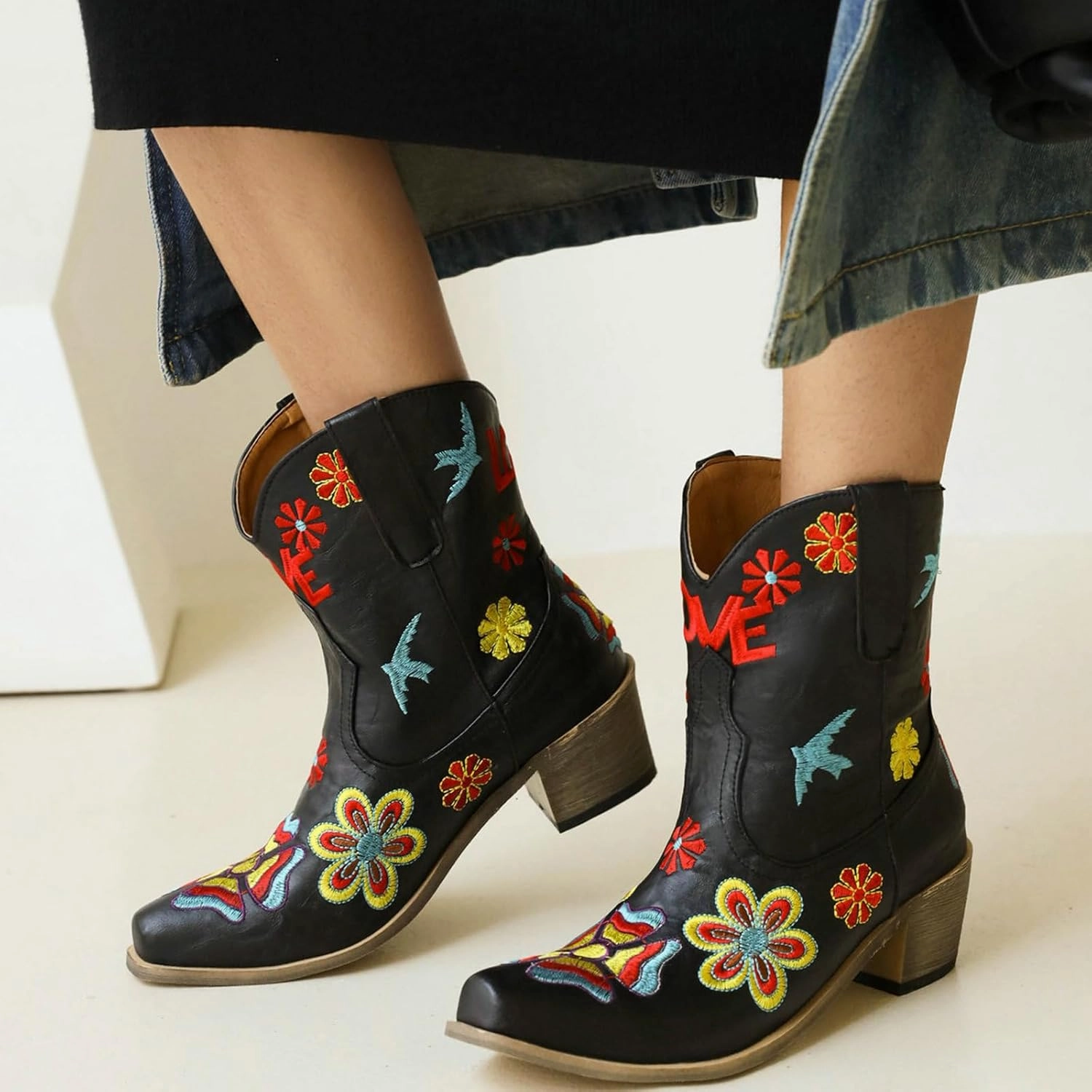 Alsoloveu Women's Embroidered Cowboy Boots Western Cowgirl Snip Toe Chunky Heel Pull On Wedding Dress Mid Calf Boots