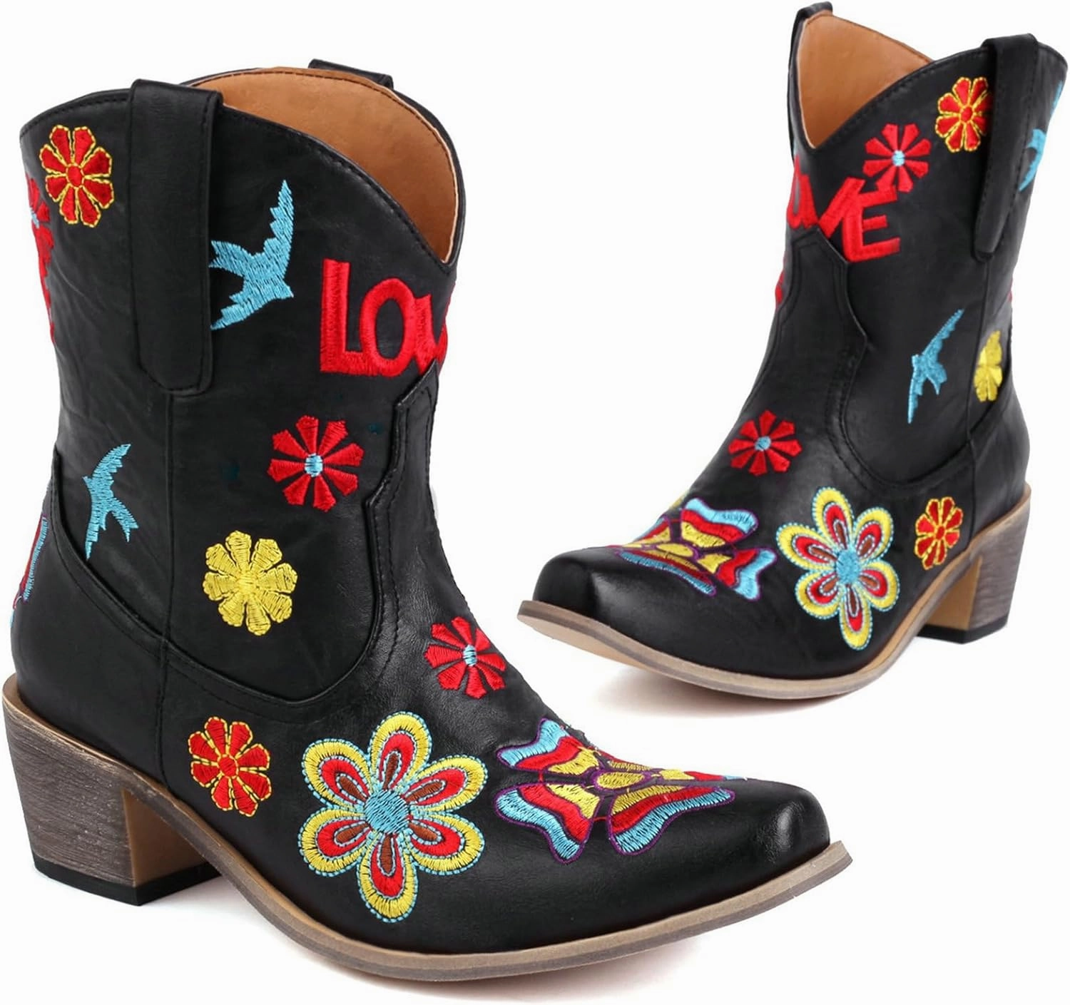 Alsoloveu Women's Embroidered Cowboy Boots Western Cowgirl Snip Toe Chunky Heel Pull On Wedding Dress Mid Calf Boots