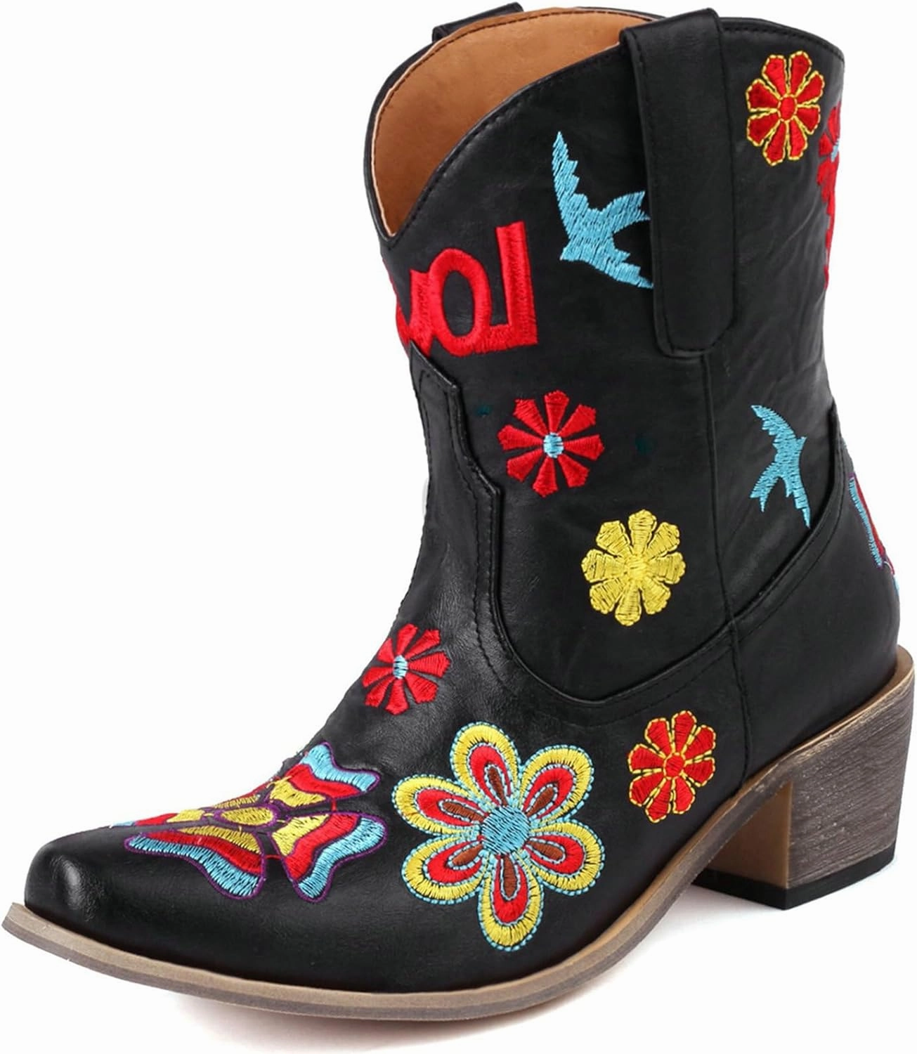 Alsoloveu Women's Embroidered Cowboy Boots Western Cowgirl Snip Toe Chunky Heel Pull On Wedding Dress Mid Calf Boots