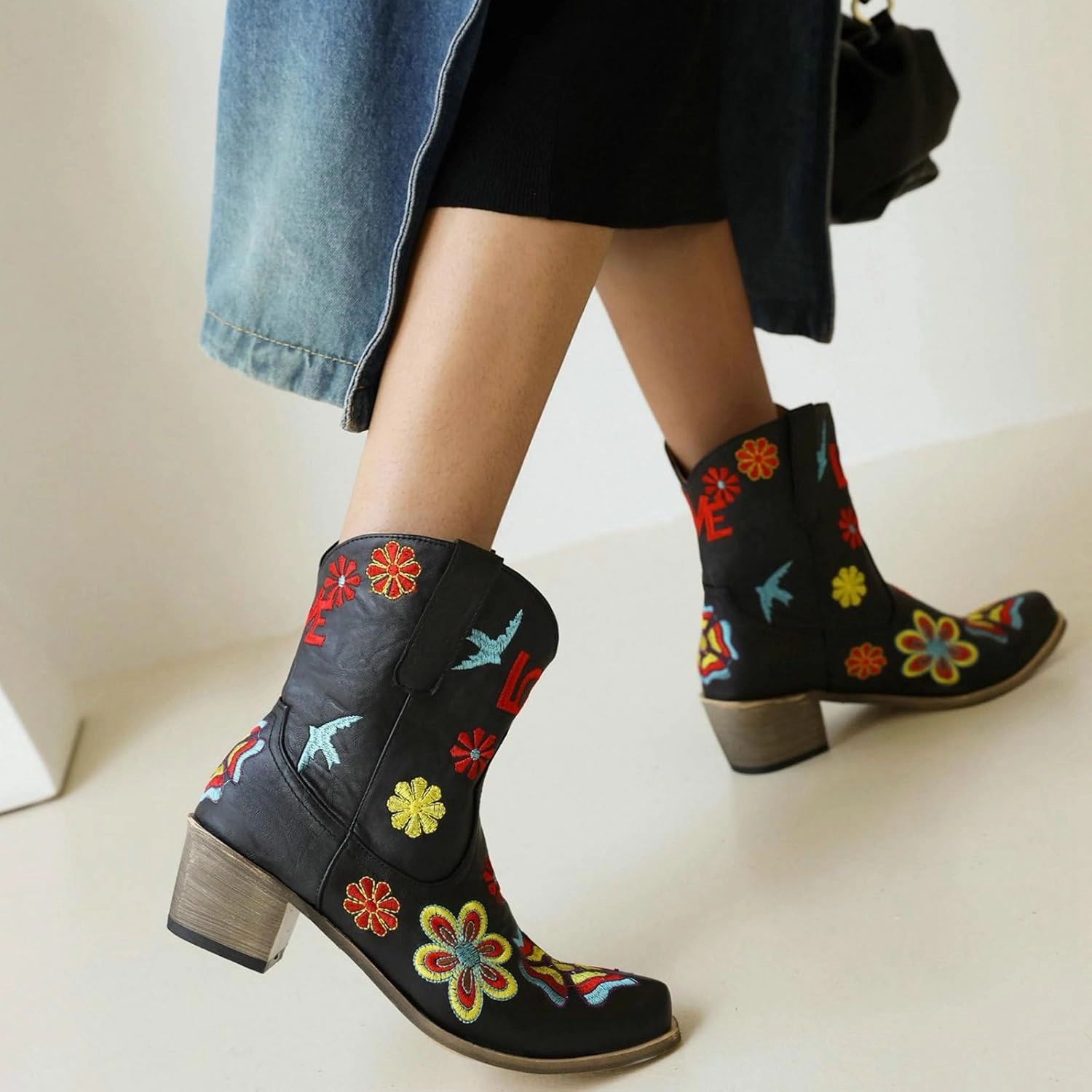 Alsoloveu Women's Embroidered Cowboy Boots Western Cowgirl Snip Toe Chunky Heel Pull On Wedding Dress Mid Calf Boots