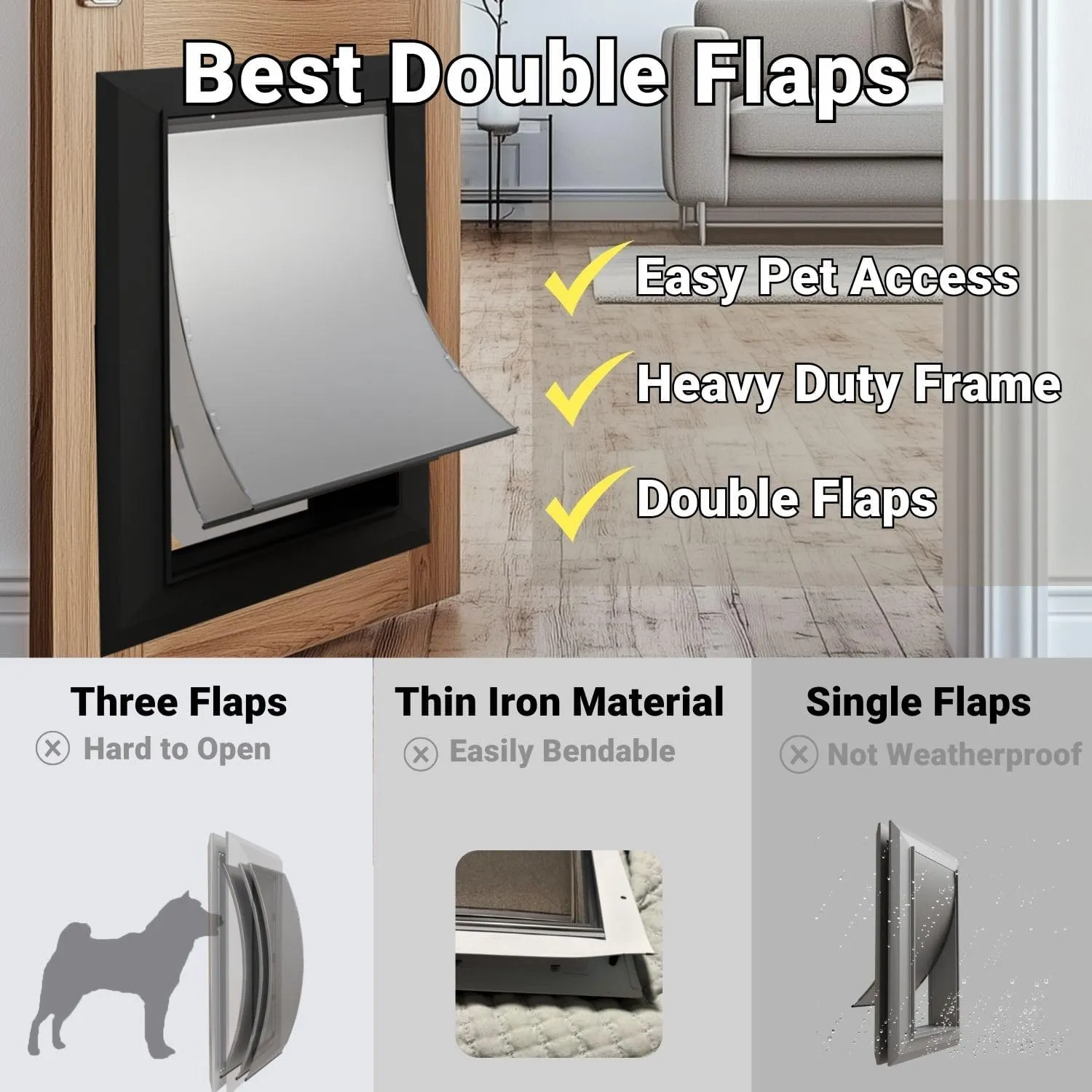 Aluminum Large Dog Door for Exterior Doors, Lockable Panel Included, Cutout Size 12.2''W x 18''H, Heavy Duty Magnetic Double Flap for Extreme Weather, Energy-Efficient, Easy to Assemble, Black (L)