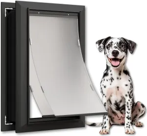 Aluminum Large Dog Door for Exterior Doors, Lockable Panel Included, Cutout Size 12.2''W x 18''H, Heavy Duty Magnetic Double Flap for Extreme Weather, Energy-Efficient, Easy to Assemble, Black (L)