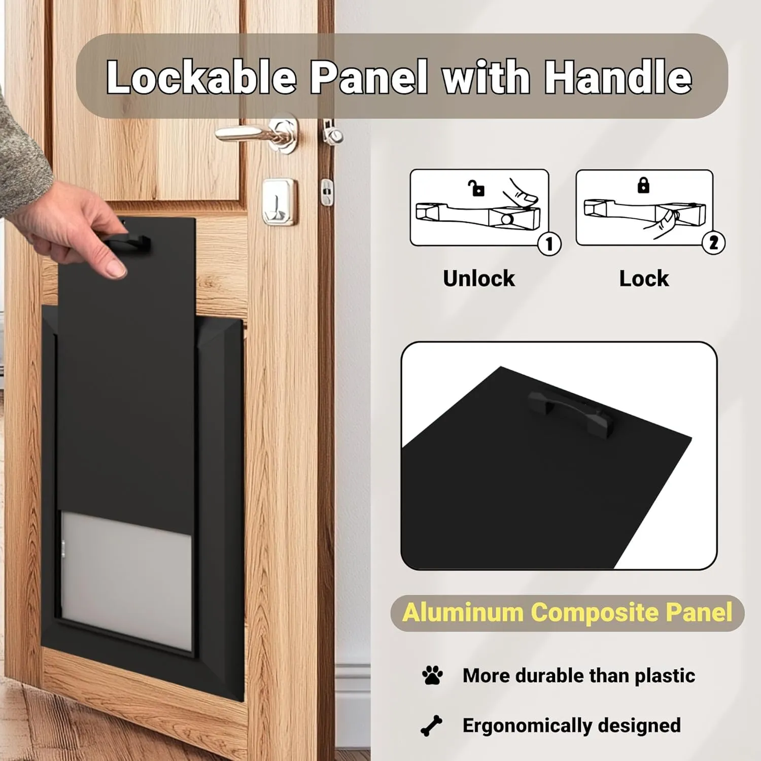 Aluminum Large Dog Door for Exterior Doors, Lockable Panel Included, Cutout Size 12.2''W x 18''H, Heavy Duty Magnetic Double Flap for Extreme Weather, Energy-Efficient, Easy to Assemble, Black (L)