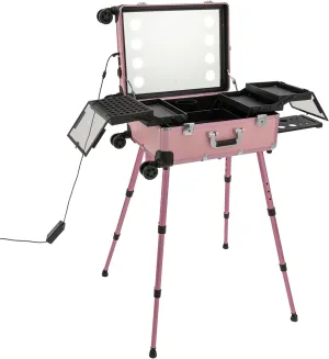 Aluminum Trolley Makeup Train Case with 8 LED Lights, Professional Rolling Lighted Cosmetic Organizer Box with Mirror & Stands & Wheels, Makeup Vanity Station for Travel