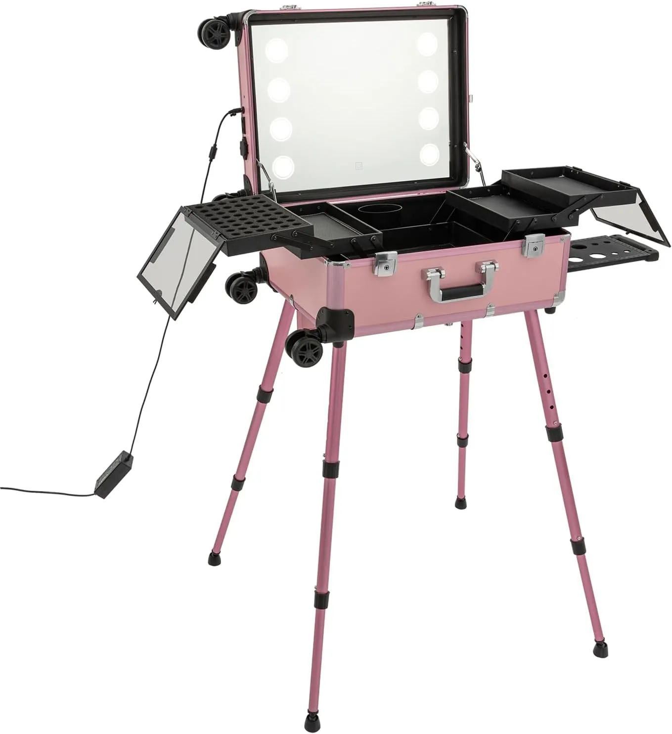Aluminum Trolley Makeup Train Case with 8 LED Lights, Professional Rolling Lighted Cosmetic Organizer Box with Mirror & Stands & Wheels, Makeup Vanity Station for Travel