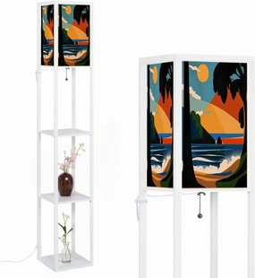 An sunset body water poster thick bold black outlines sun filtering Floor Lamps with Shelves, Modern Standing Lamp Narrow Corner Display Bookshelf Lamp for Living Room, Bedroom, Office Decor