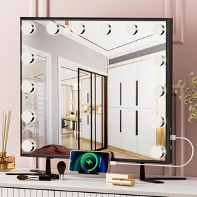 Anbuy Hollywood Vanity Mirror with Lights, Large Vanity Lighted Mirror with 14 LED Bulbs, Hollywood Mirror with Intelligent Induction Control and 3 Color Modes for Bedroom 21.7 x 20.9 Inch Black