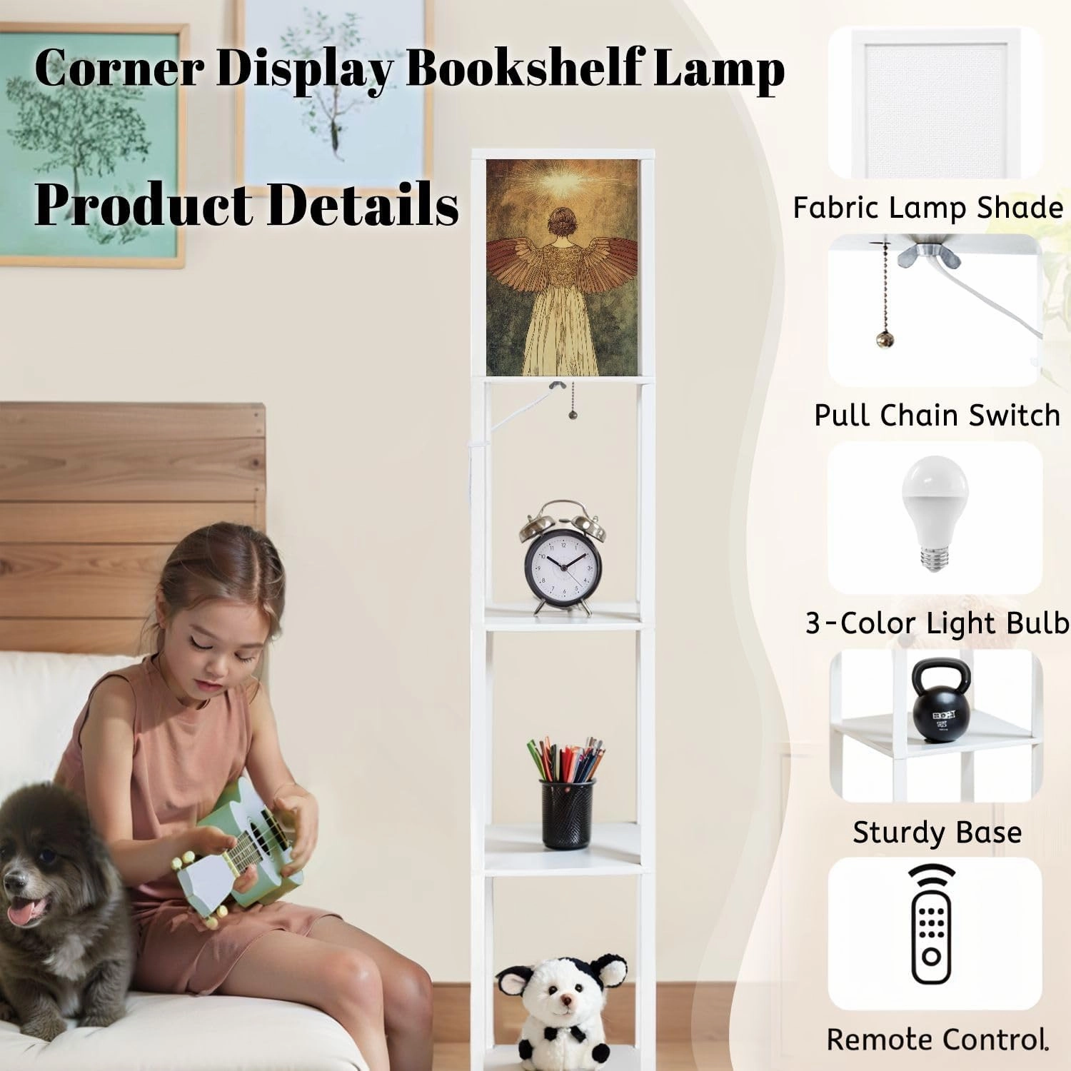 Angel Gown Nimbus Golden Hour Painting Floor Lamps with Shelves, Modern Standing Lamp Narrow Corner Display Bookshelf Lamp for Living Room, Bedroom, Office Decor