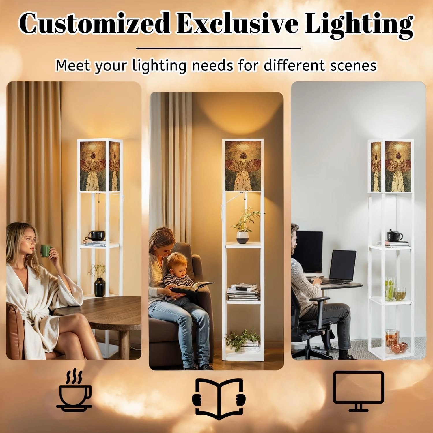 Angel Gown Nimbus Golden Hour Painting Floor Lamps with Shelves, Modern Standing Lamp Narrow Corner Display Bookshelf Lamp for Living Room, Bedroom, Office Decor