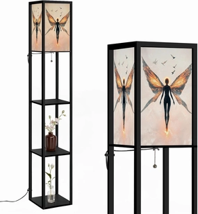 Angel Illustration Simplistic Wings Halo Glow Floor Lamps with Shelves, Modern Standing Lamp Narrow Corner Display Bookshelf Lamp for Living Room, Bedroom, Office Decor