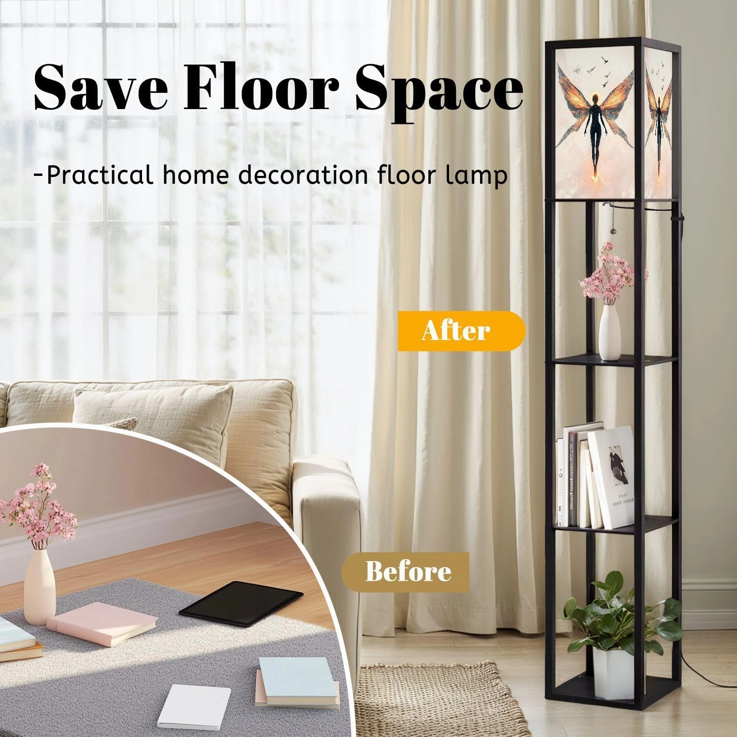 Angel Illustration Simplistic Wings Halo Glow Floor Lamps with Shelves, Modern Standing Lamp Narrow Corner Display Bookshelf Lamp for Living Room, Bedroom, Office Decor