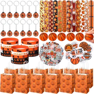 Aoriher 194 Pcs Basketball Party Favor Bulk Sport Birthday Party Gift Basketball Goodie Bag Filler Mini Basketball Ball Toy Silicone Bracelet Tattoo Sticker Slap Bracelet Keychain Button Pin