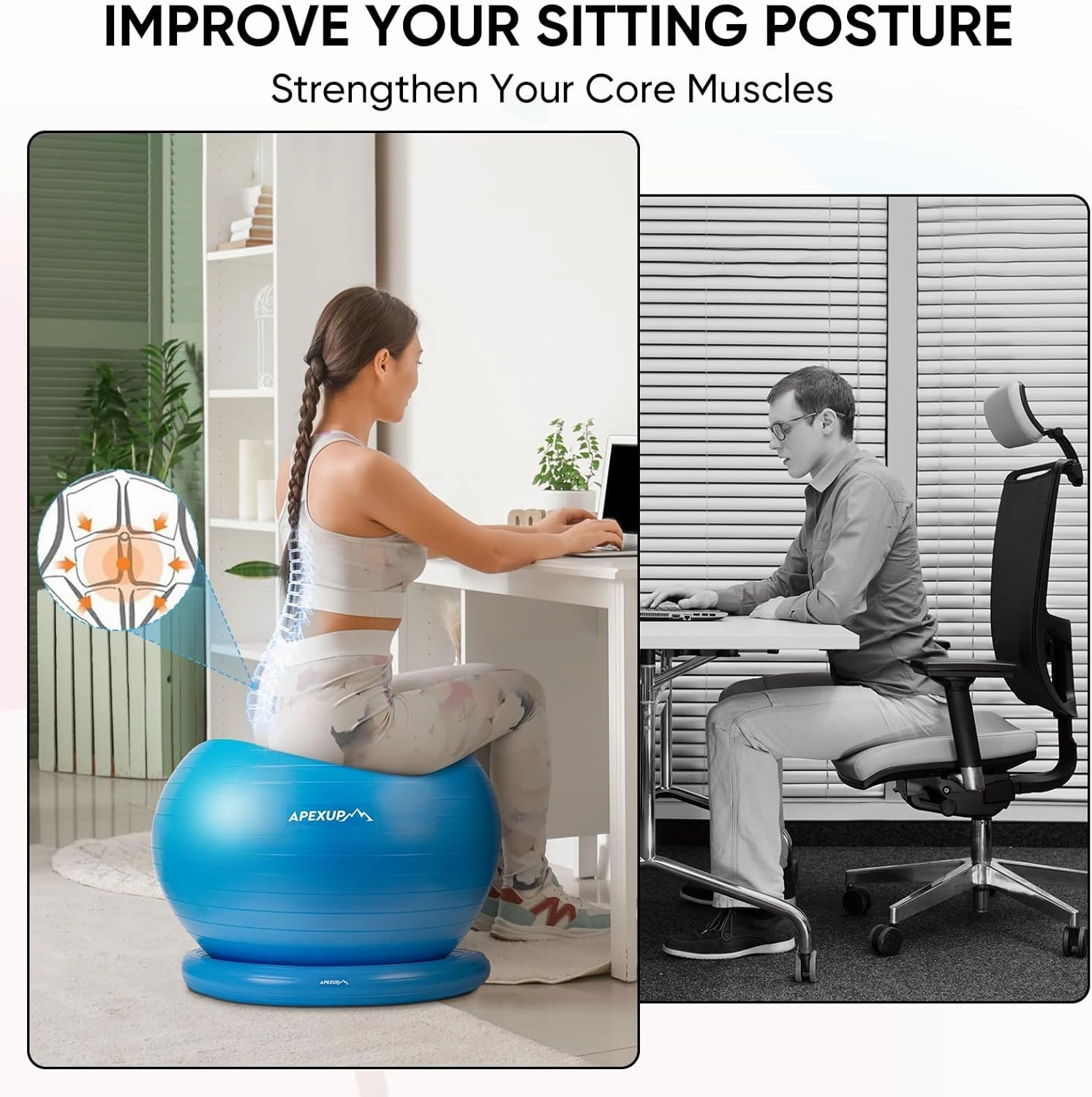 APEXUP Yoga Ball Chair, Exercise Ball Chair with Base for Office, Anti Slip Stability Ball Fitness Ball Seat, Home Gym Workout Ball, Balance Ball with Pump (Blue, L)