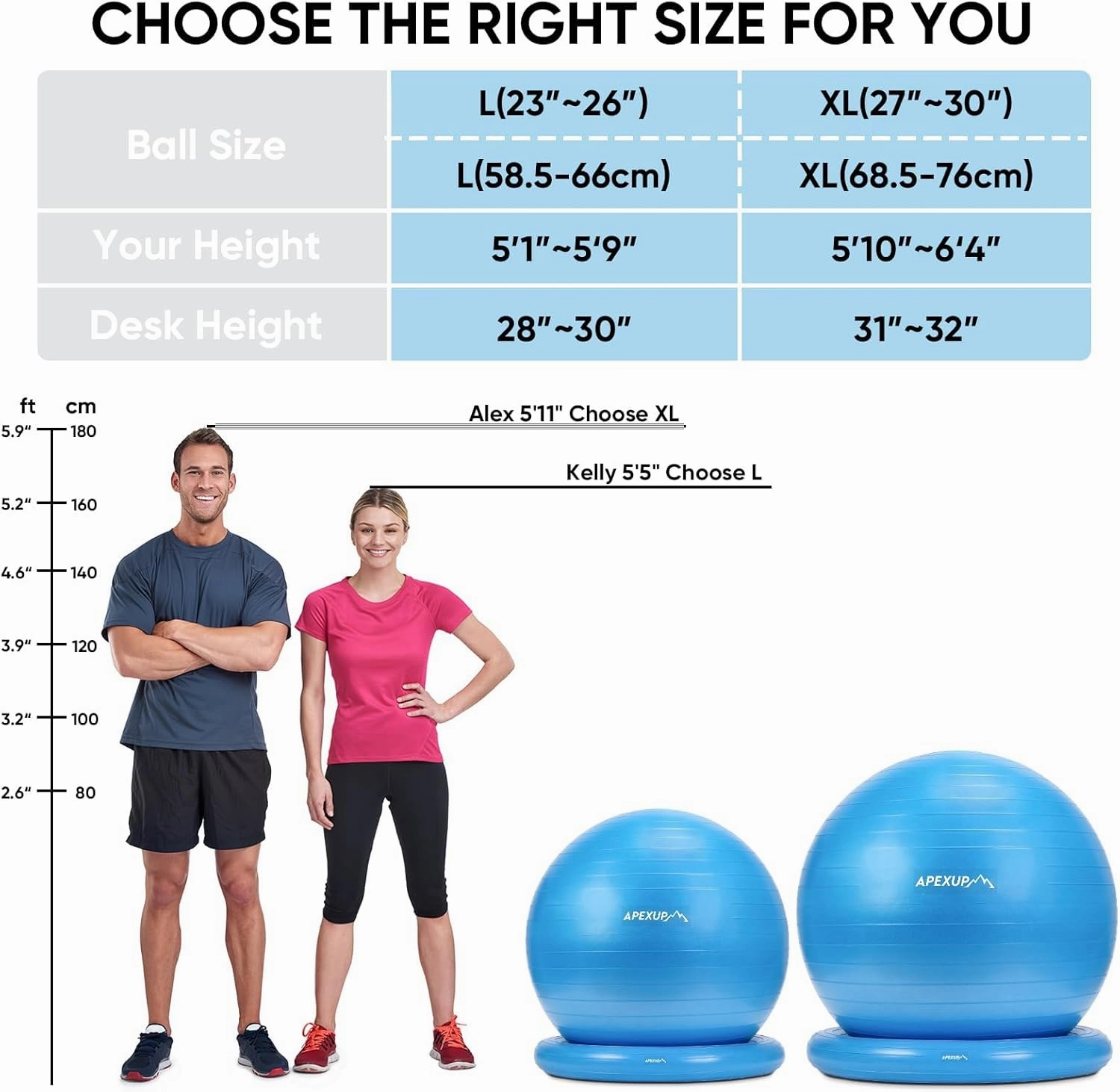 APEXUP Yoga Ball Chair, Exercise Ball Chair with Base for Office, Anti Slip Stability Ball Fitness Ball Seat, Home Gym Workout Ball, Balance Ball with Pump (Blue, L)