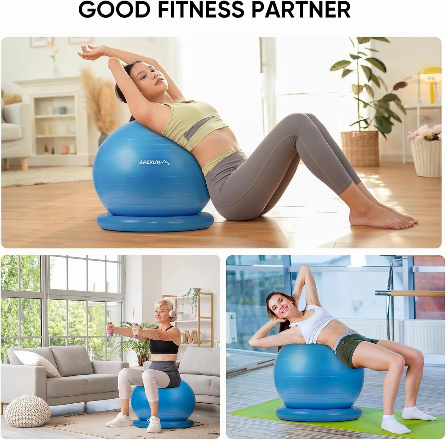 APEXUP Yoga Ball Chair, Exercise Ball Chair with Base for Office, Anti Slip Stability Ball Fitness Ball Seat, Home Gym Workout Ball, Balance Ball with Pump (Blue, L)