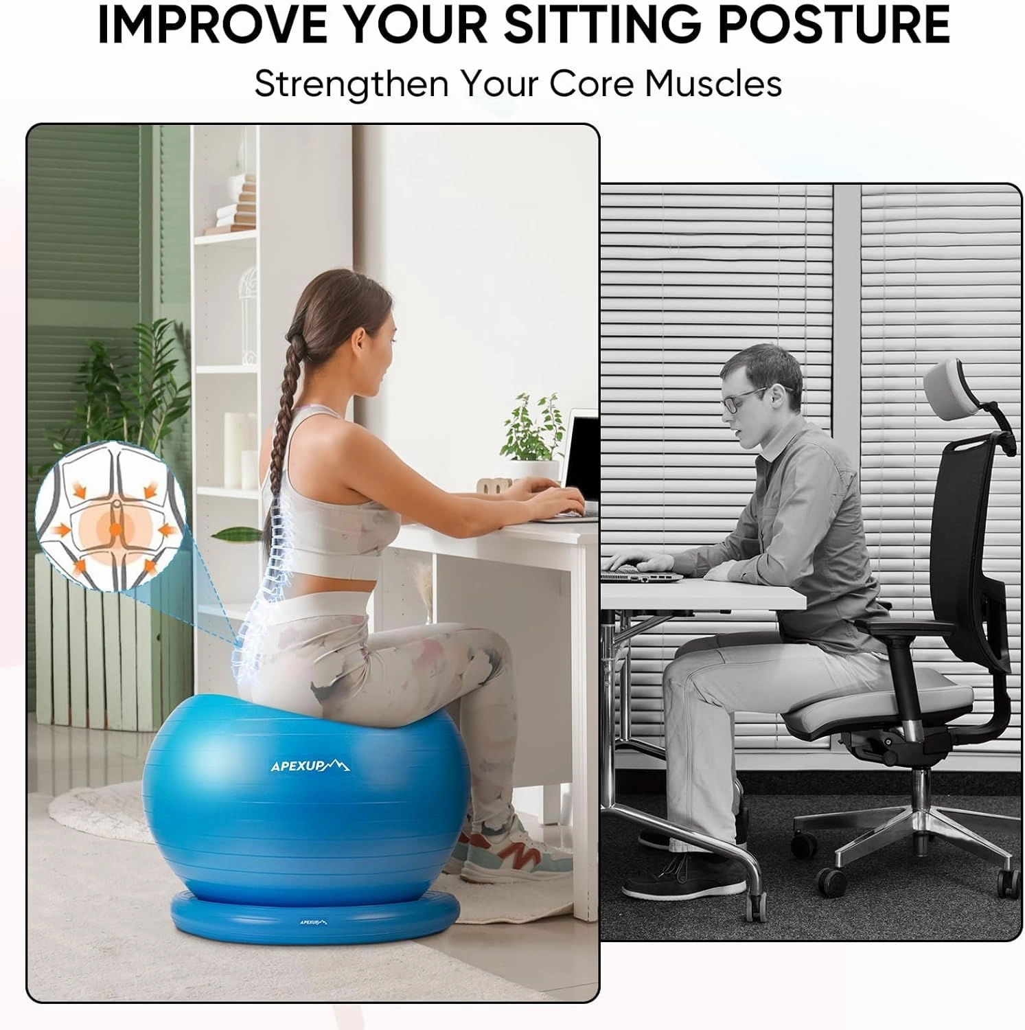 APEXUP Yoga Ball Chair, Exercise Ball Chair with Base for Office, Anti Slip Stability Ball Fitness Ball Seat, Home Gym Workout Ball, Balance Ball with Pump (Blue, XL)