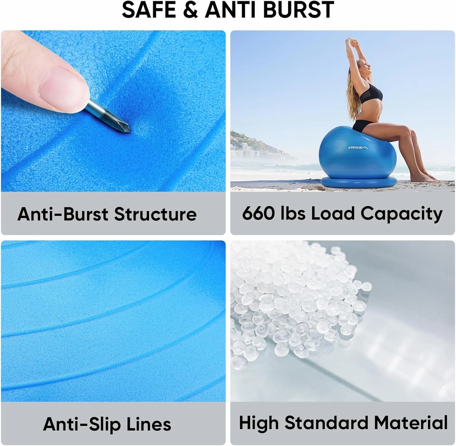 APEXUP Yoga Ball Chair, Exercise Ball Chair with Base for Office, Anti Slip Stability Ball Fitness Ball Seat, Home Gym Workout Ball, Balance Ball with Pump (Blue, XL)
