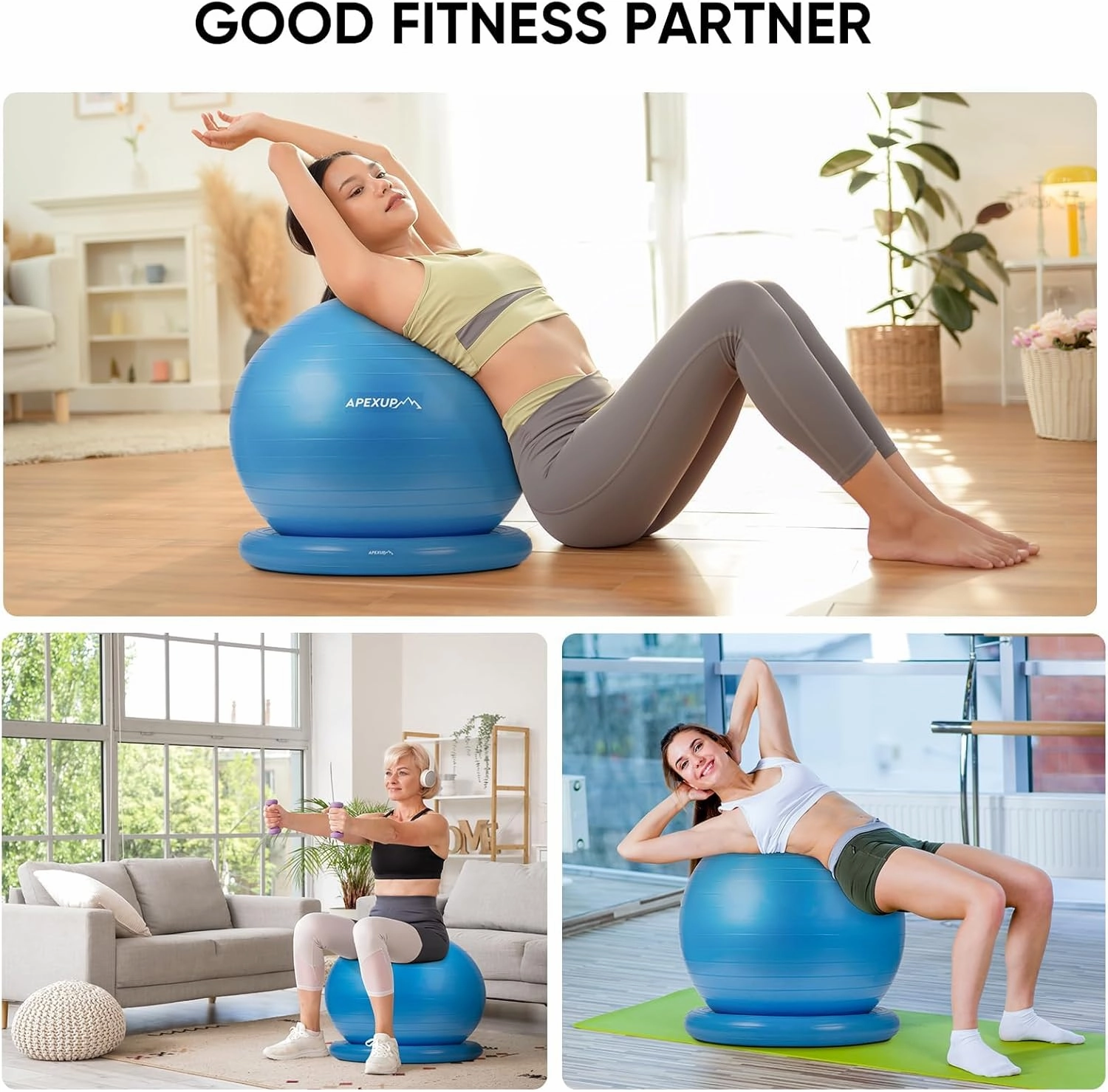 APEXUP Yoga Ball Chair, Exercise Ball Chair with Base for Office, Anti Slip Stability Ball Fitness Ball Seat, Home Gym Workout Ball, Balance Ball with Pump (Blue, XL)