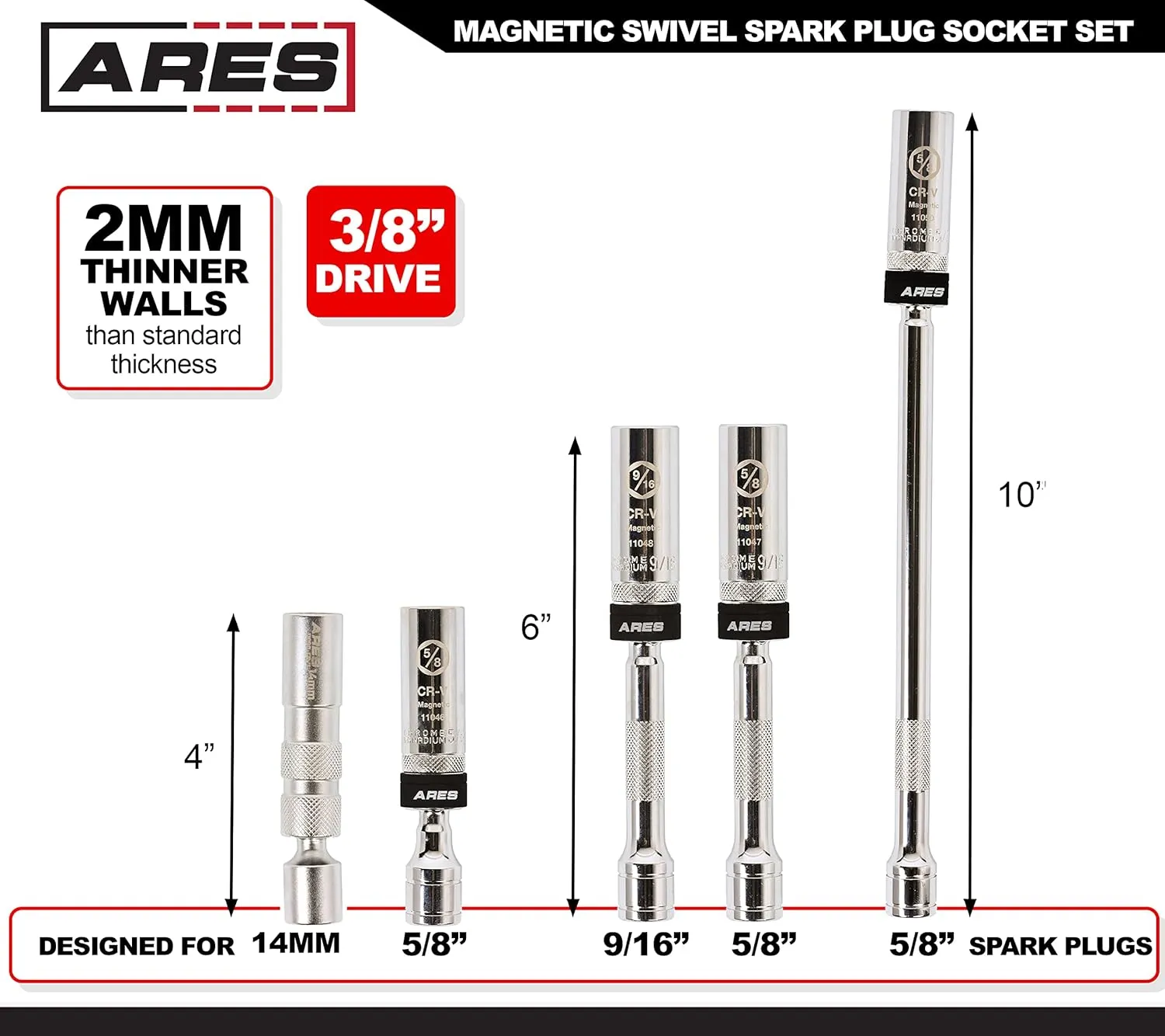 ARES 11052-5-Piece Magnetic Swivel Spark Plug Socket Set - 14mm Thin Wall Socket, 9/16 6-inch Extension Socket, and 5/8 Sockets with 4-, 6-, and 10-inch Extensions – Heavy Duty Retaining Ring