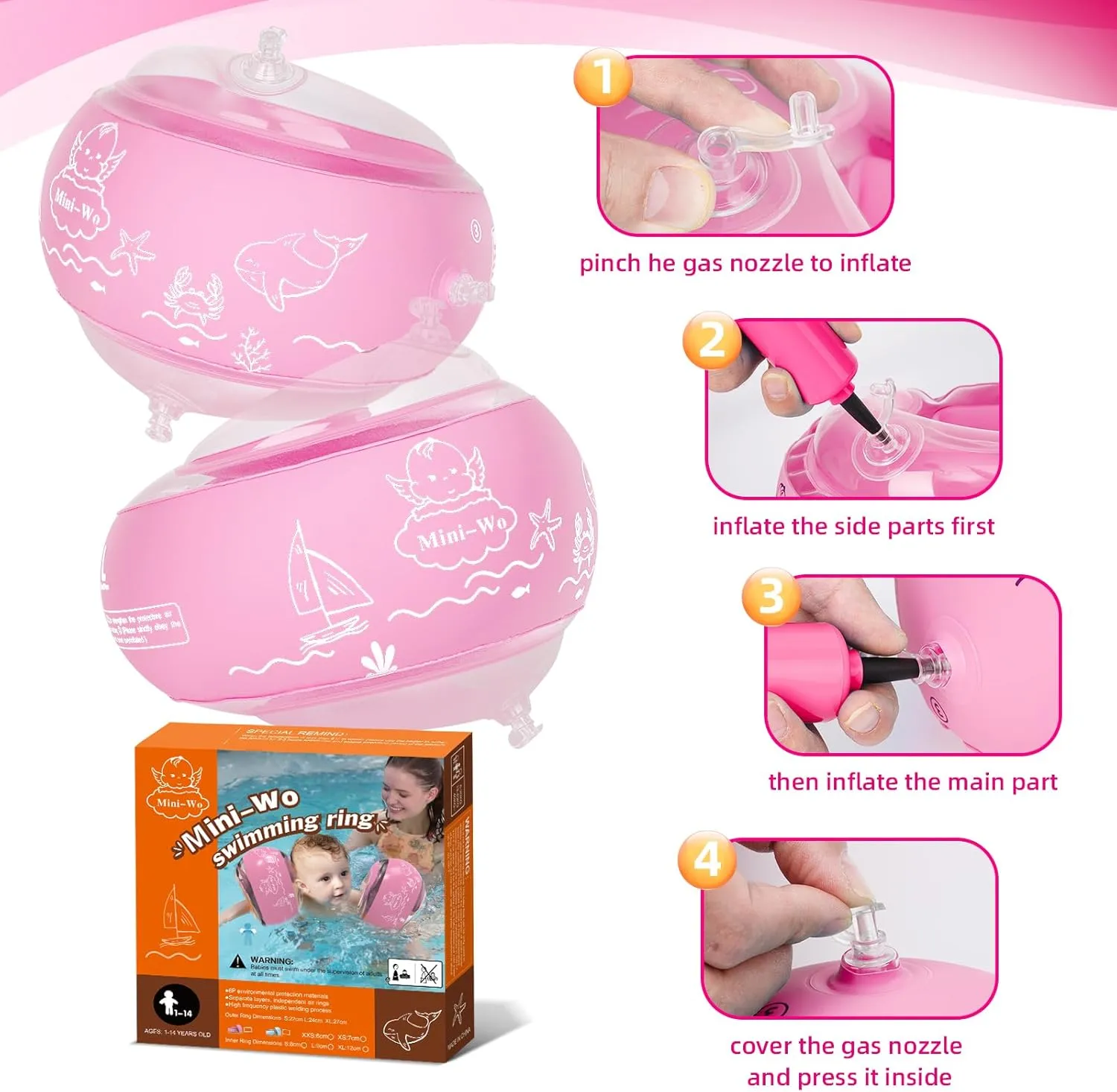 Arm Floaties for Kids Inflatable Pink Blue Toddler Swim Arm Bands Pool Kid Arm Floaties for Swimming Pool Water Wings for Toddlers and Adults 1-14yrs for Swim Learning