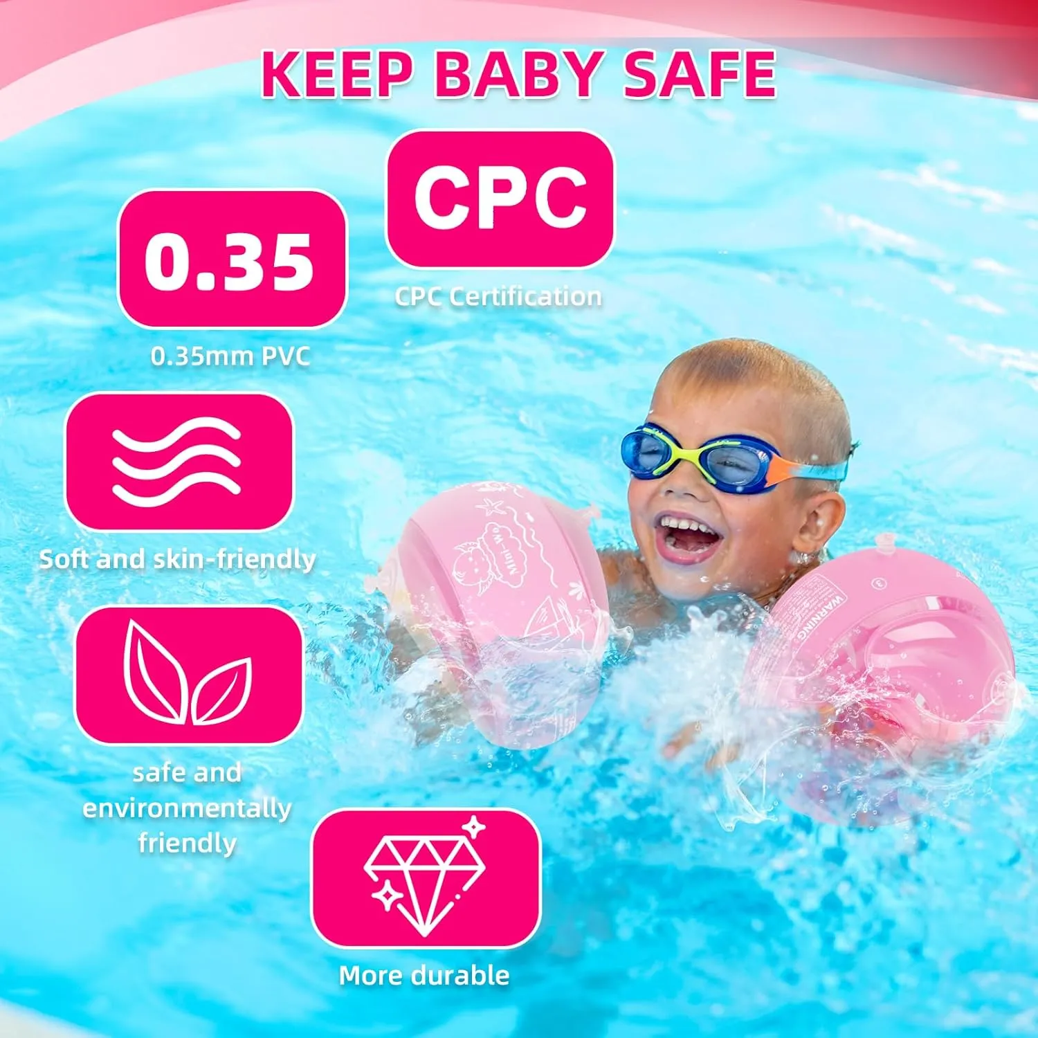 Arm Floaties for Kids Inflatable Pink Blue Toddler Swim Arm Bands Pool Kid Arm Floaties for Swimming Pool Water Wings for Toddlers and Adults 1-14yrs for Swim Learning