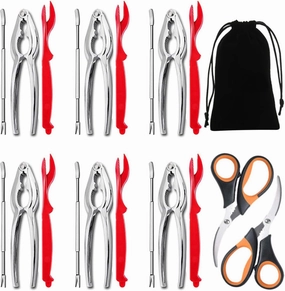 Artcome 21 Piece Seafood Tools Set - 6 Crab Crackers, 6 Lobster Shellers, 6 Crab Forks, 2 Seafood Scissors and 1 Storage Bag
