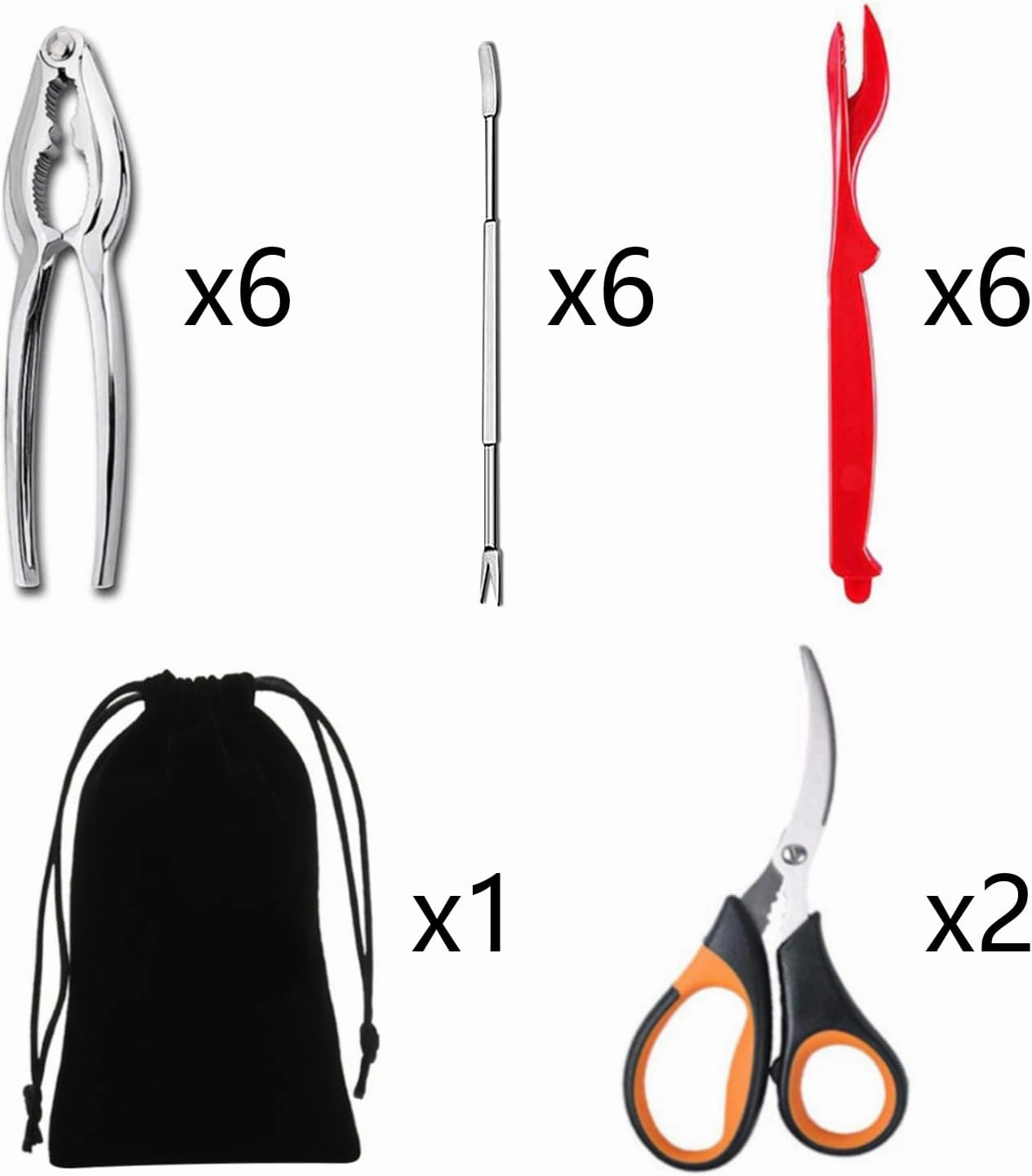 Artcome 21 Piece Seafood Tools Set - 6 Crab Crackers, 6 Lobster Shellers, 6 Crab Forks, 2 Seafood Scissors and 1 Storage Bag