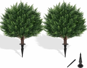 Artificial Cypress Topiary Tree with Ground Spike, Set of 2 Artificial Shrub Bushes, Fake Evergreen Tree for Porch, Artificial Plants for Outdoor Planters Indoor UV Resistant