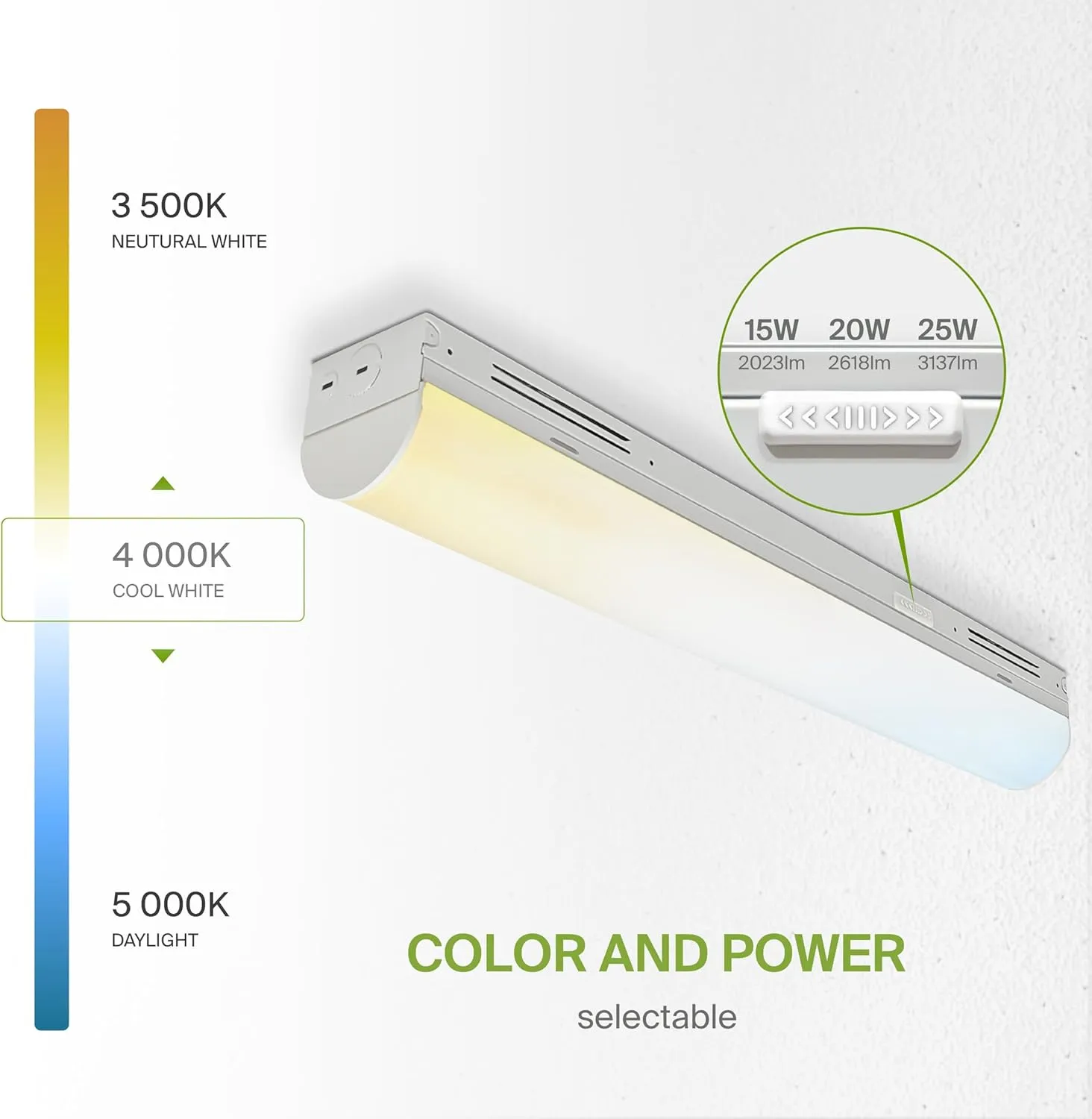 ASD 2ft LED Linear Strip Light Fixture with Q-Base | UL DLC Stairwell Certified Luminaire 15W-25W 120-277V Linkable LED Shop Light | 3500K-5000K Adjustable Commercial Ceiling Light Fixture