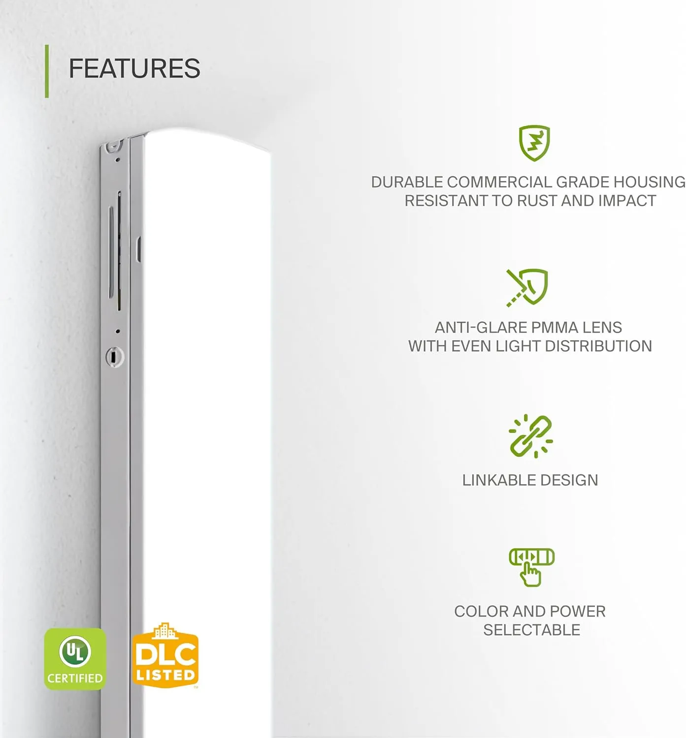ASD 2ft LED Linear Strip Light Fixture with Q-Base | UL DLC Stairwell Certified Luminaire 15W-25W 120-277V Linkable LED Shop Light | 3500K-5000K Adjustable Commercial Ceiling Light Fixture