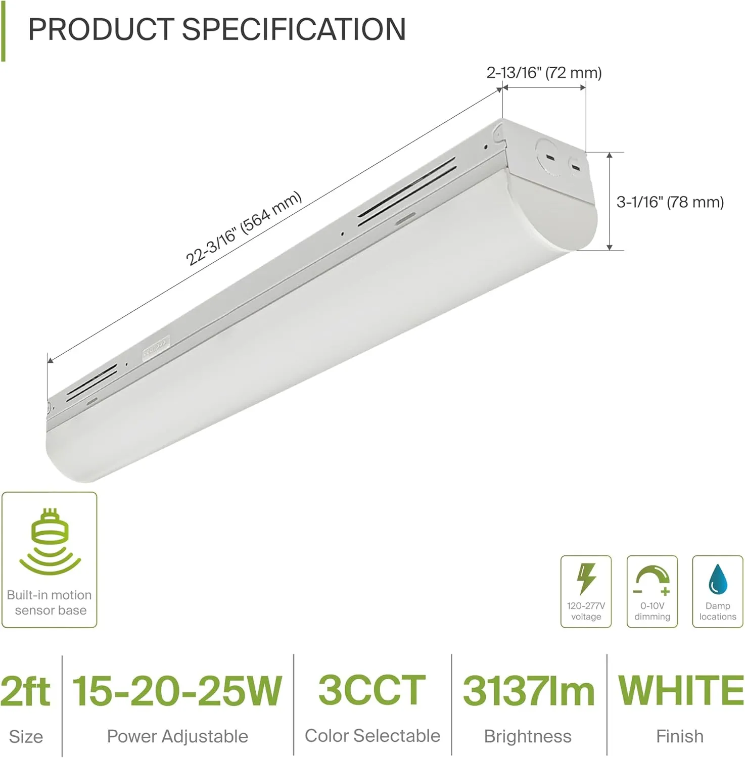 ASD 2ft LED Linear Strip Light Fixture with Q-Base | UL DLC Stairwell Certified Luminaire 15W-25W 120-277V Linkable LED Shop Light | 3500K-5000K Adjustable Commercial Ceiling Light Fixture
