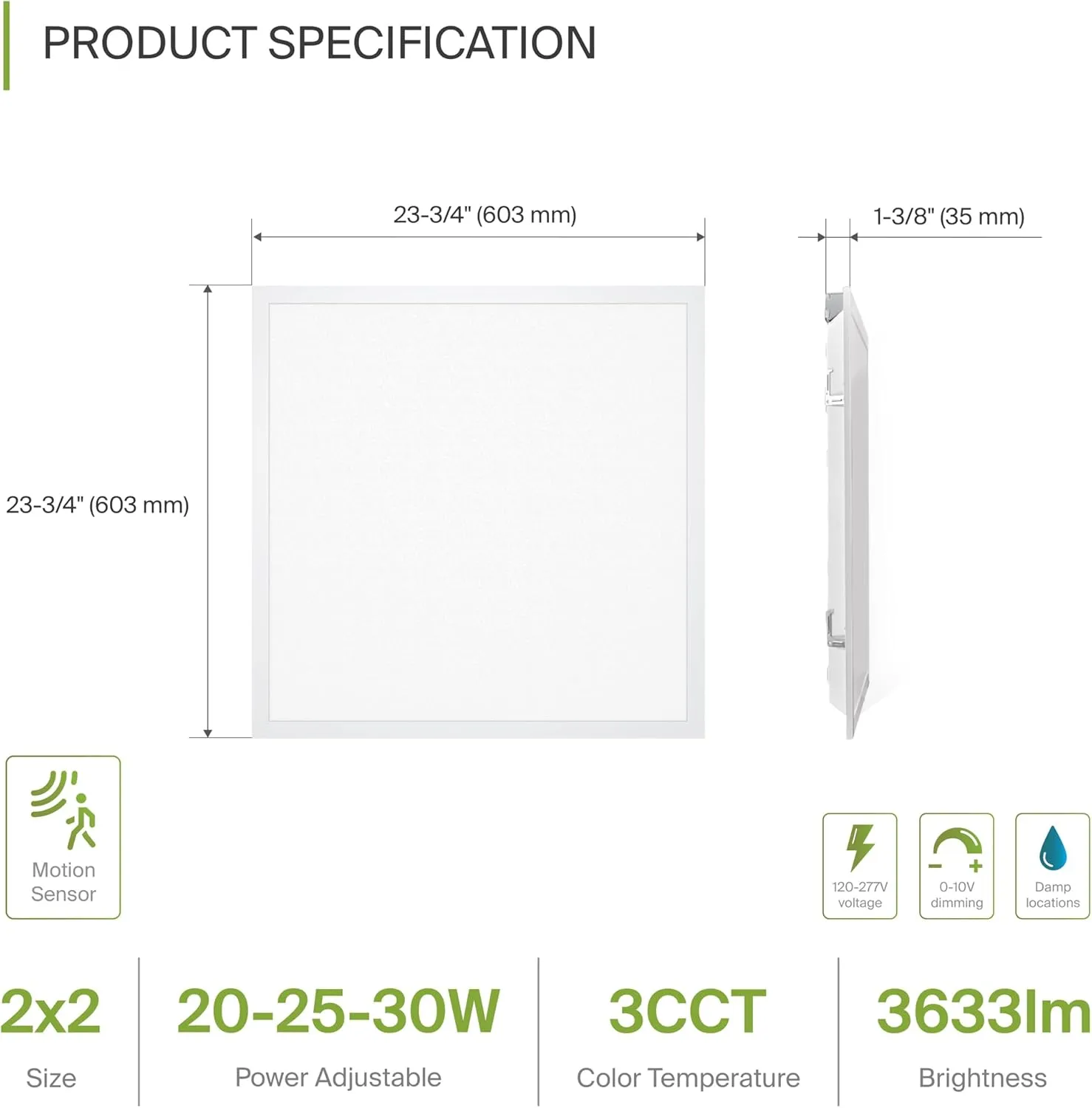 ASD 2x2 LED Flat Panel Light with Motion Sensor - 20/25/30W UL DLC | 3633LM 3500K-5000K 120-277V Dimmable 2x2 LED Light Drop Ceiling | Recessed Lay in Troffer Lights for Office