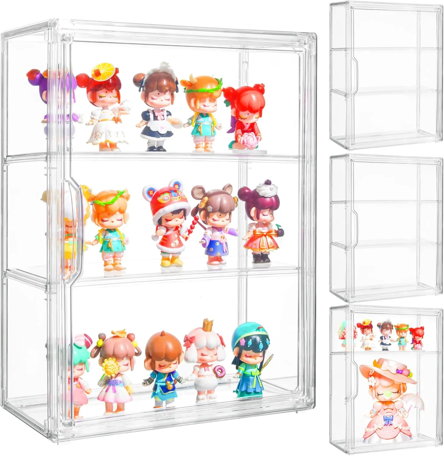 Attelite Acrylic Display Cases for Collectibles, 4 Pack 3 Layer Clear Display Case with Magnetic Door,Dustproof Clear Showcase with 2 Adjustable Divider Storage Box for Action Figure