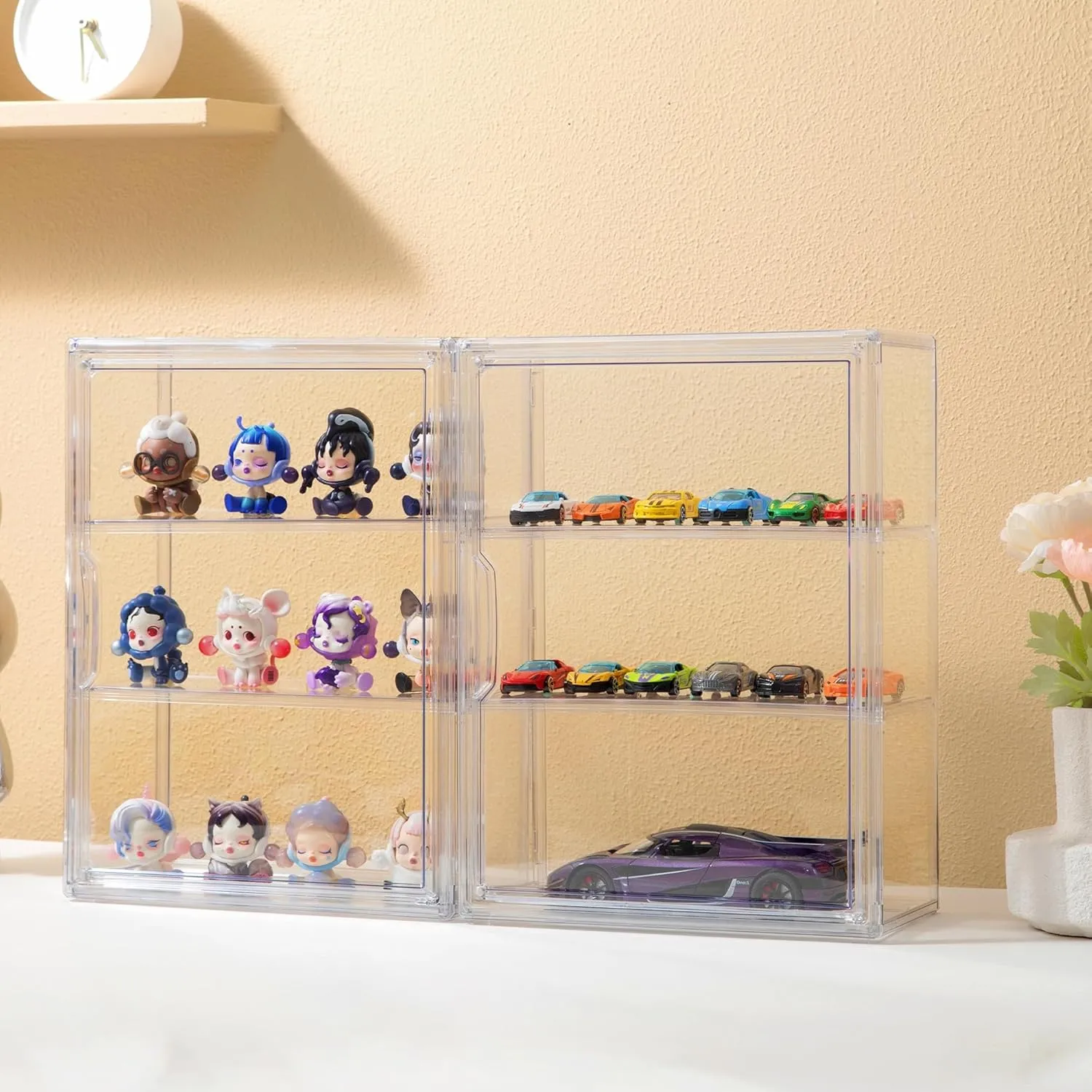 Attelite Acrylic Display Cases for Collectibles, 4 Pack 3 Layer Clear Display Case with Magnetic Door,Dustproof Clear Showcase with 2 Adjustable Divider Storage Box for Action Figure