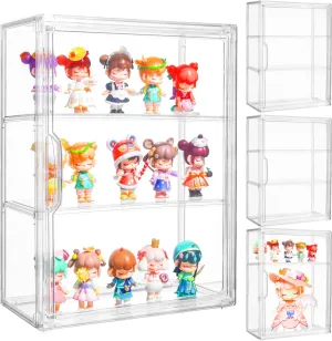 Attelite Acrylic Display Cases for Collectibles, 4 Pack 3 Layer Clear Display Case with Magnetic Door,Dustproof Clear Showcase with 2 Adjustable Divider Storage Box for Action Figure