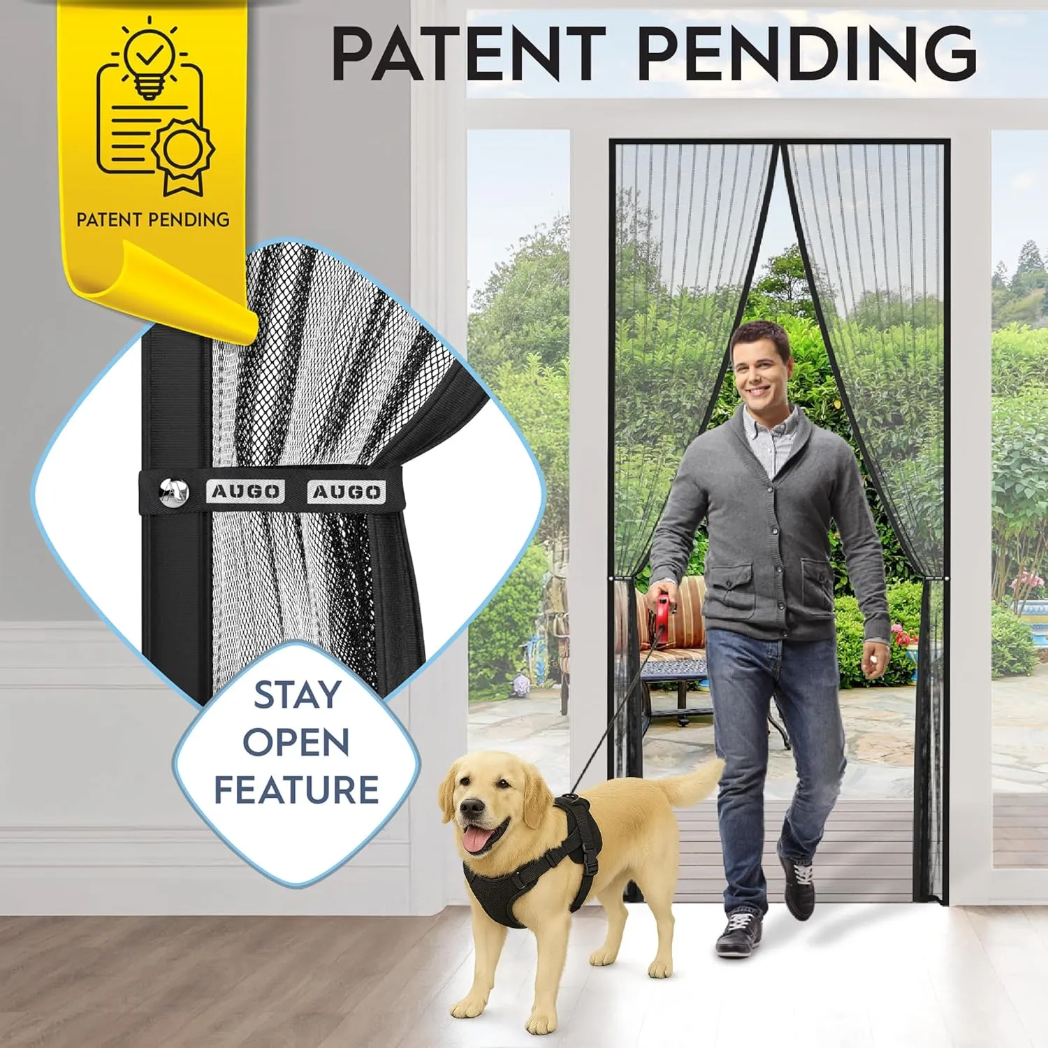 AUGO Magnetic Screen Door - Self Sealing, Heavy Duty, Hands Free Mesh Partition Keeps Bugs Out - Pet and Kid Friendly - Patent Pending Keep Open Feature - 38 Inch x 83 Inch