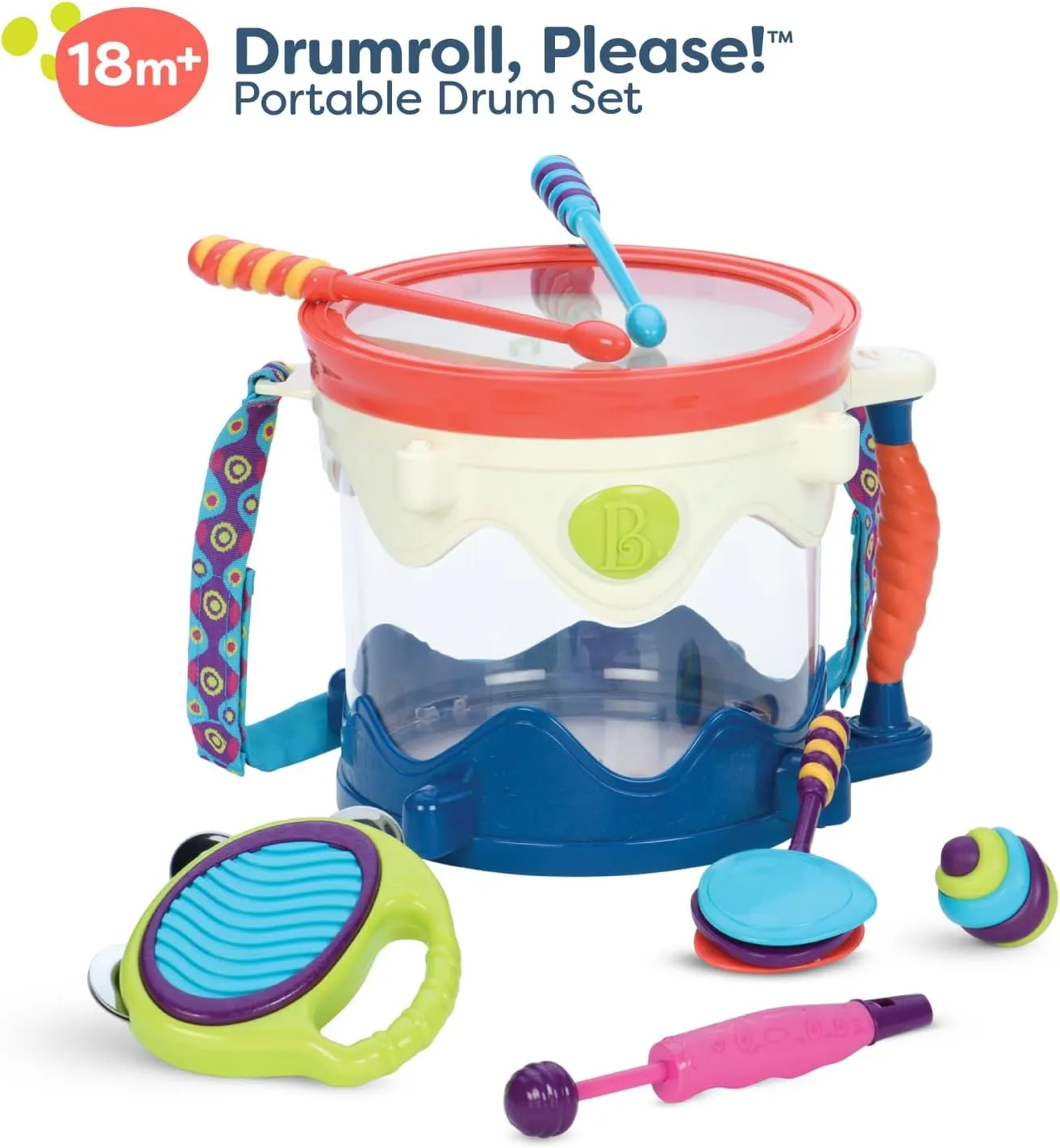 B. toys – Musical Drum- 7 Instruments Toy Drum Kit- Drumroll Please- Musical Toys for Kids 18 months   (7-Pcs)